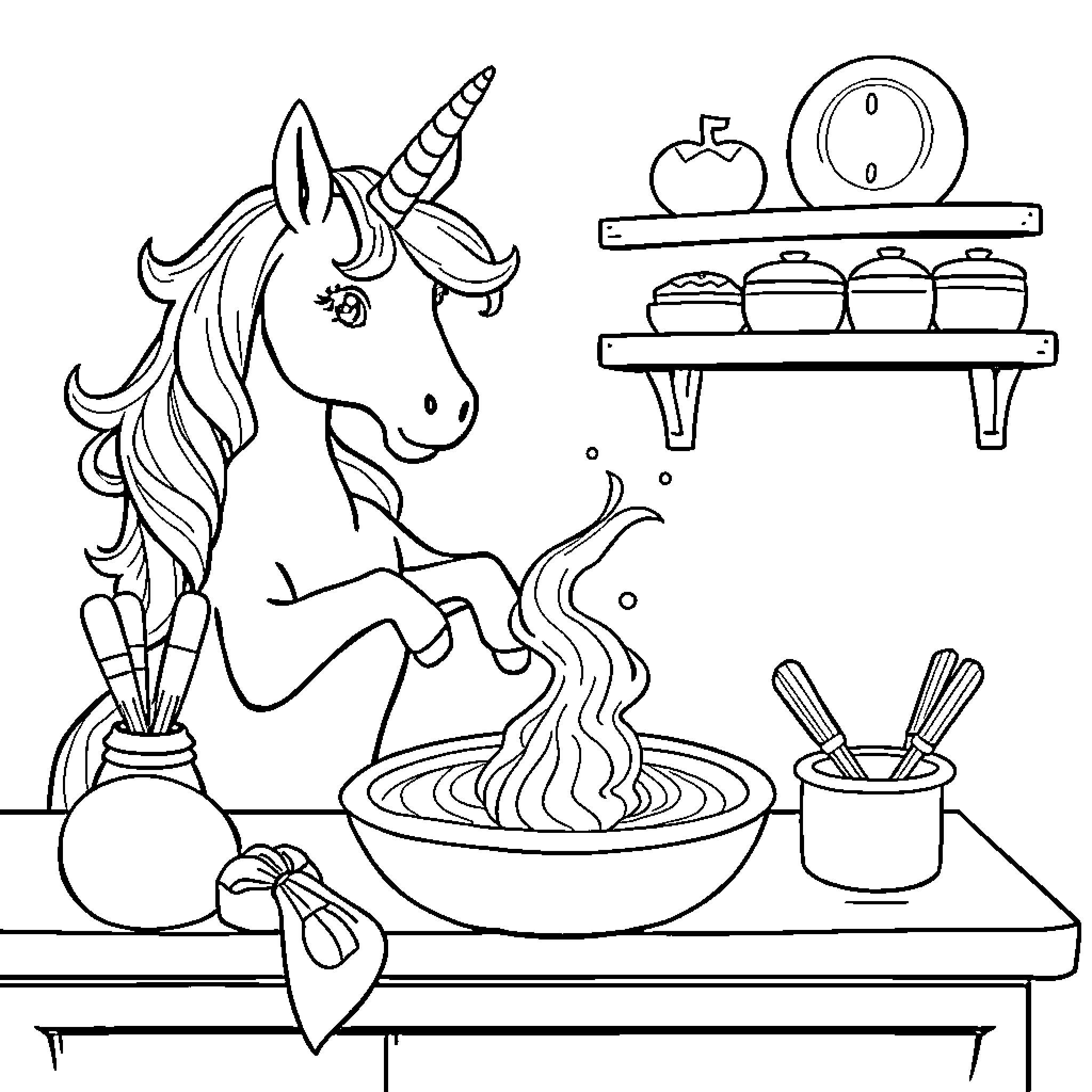 Unicorn cooking in the kitchen Coloring Page (free black-and-white line drawing printable PDF for all, from beginners to advanced learners, including children, teens, adults, and seniors)