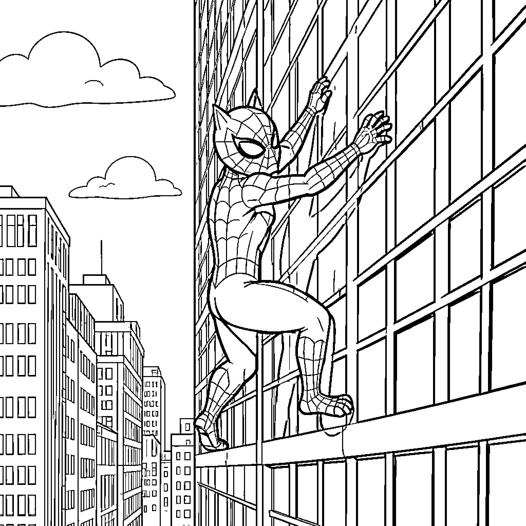 Spider Cat climbing up the side of a skyscraper Coloring Page (free black-and-white line drawing printable PDF for all, from beginners to advanced learners, including children, teens, adults, and seniors)