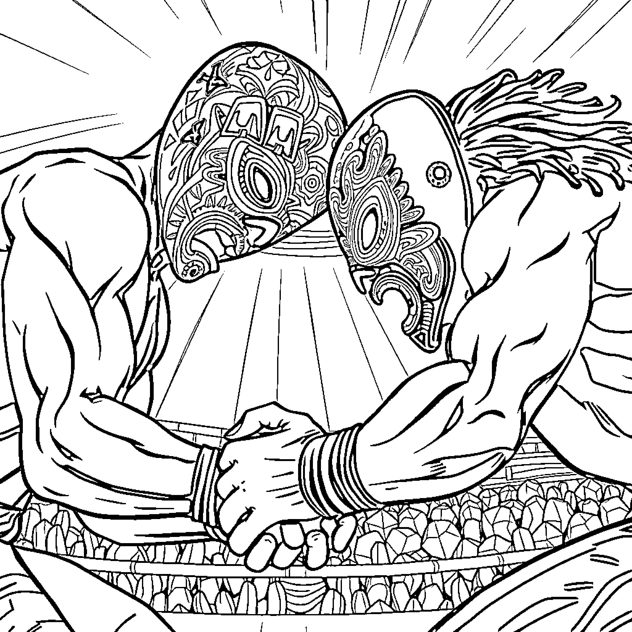 Lucha Libre: Masked Wrestlers Clash in Epic Battle Coloring Page (free black-and-white line drawing printable PDF for all, from beginners to advanced learners, including children, teens, adults, and seniors)