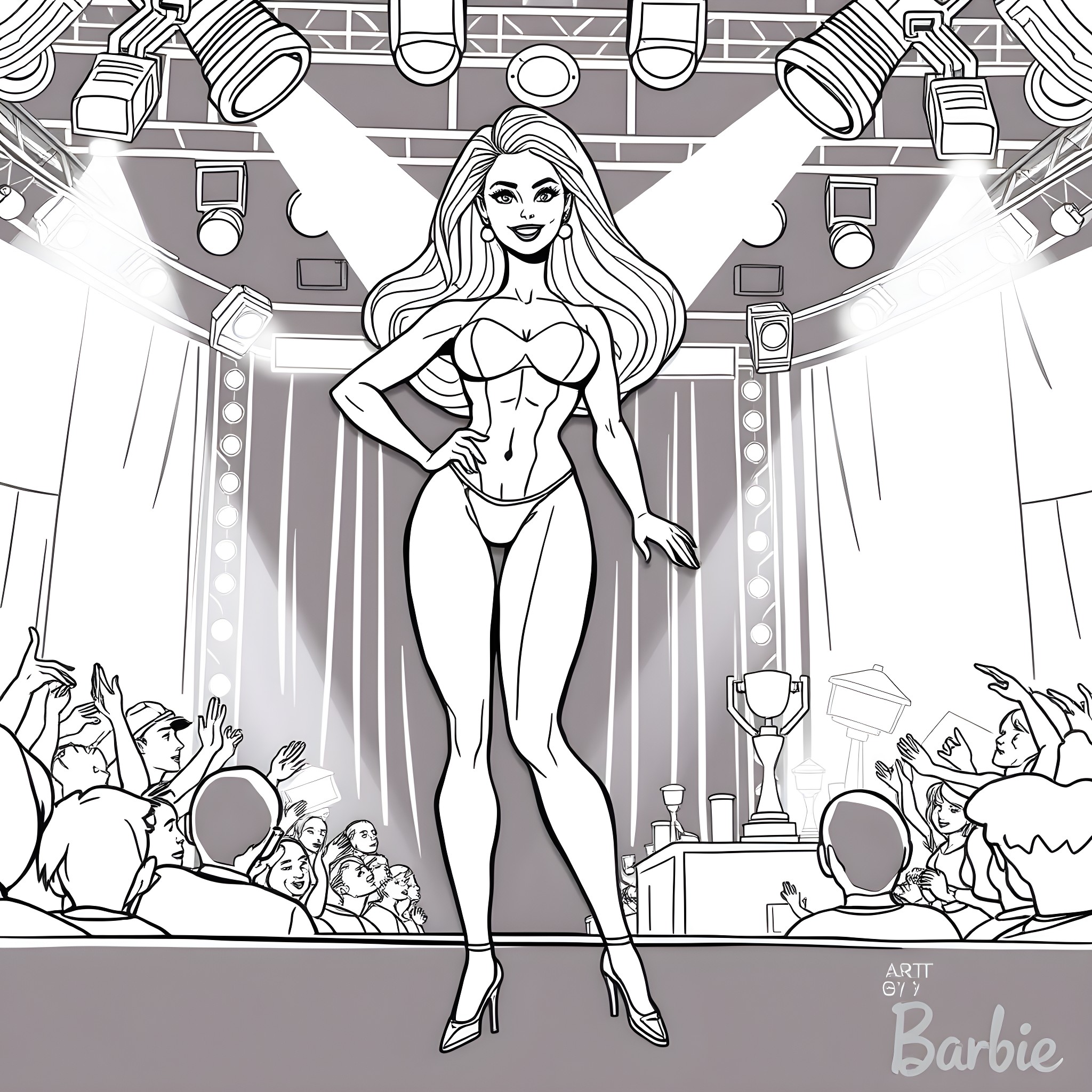 Barbie gracing the stage in a glamorous performance Coloring Page (free black-and-white line drawing printable PDF for all, from beginners to advanced learners, including children, teens, adults, and seniors)