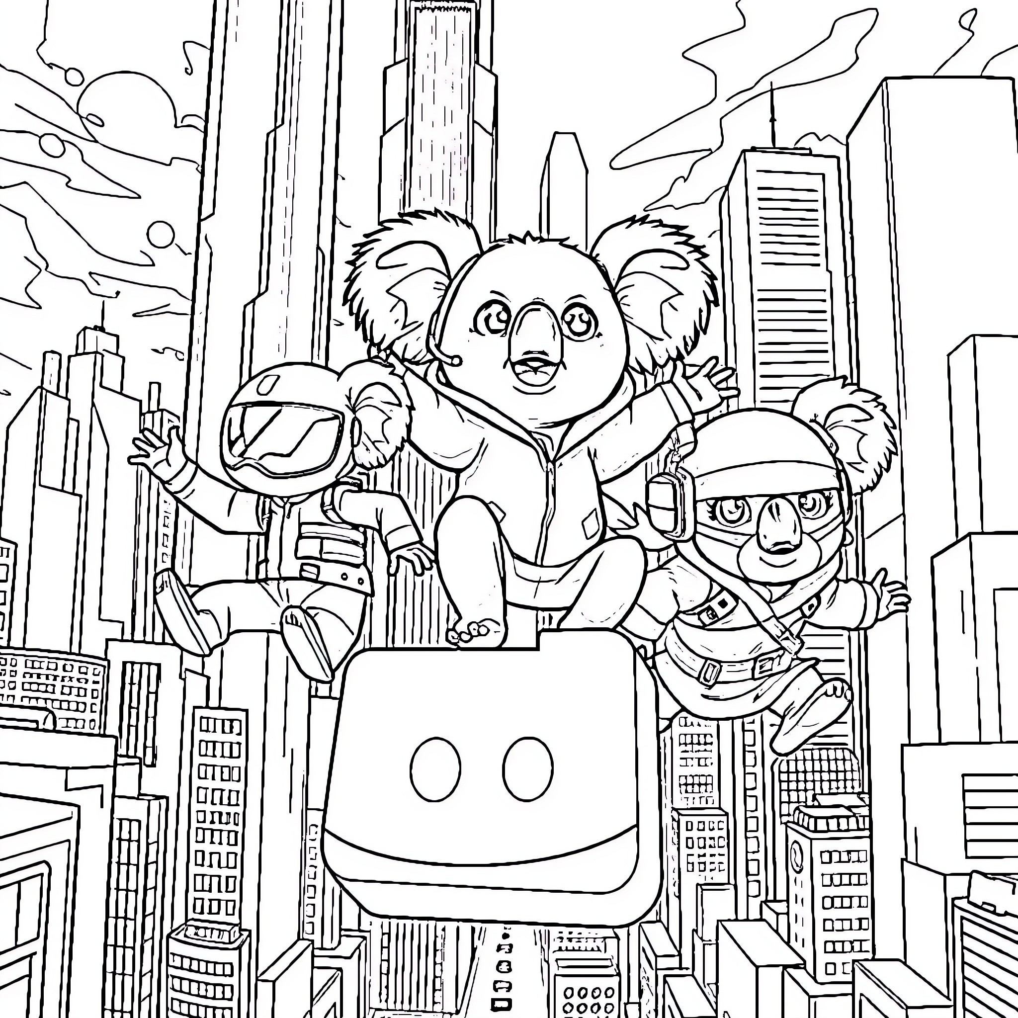 Koala adventuring through the city skyline Coloring Page (free black-and-white line drawing printable PDF for all, from beginners to advanced learners, including children, teens, adults, and seniors)