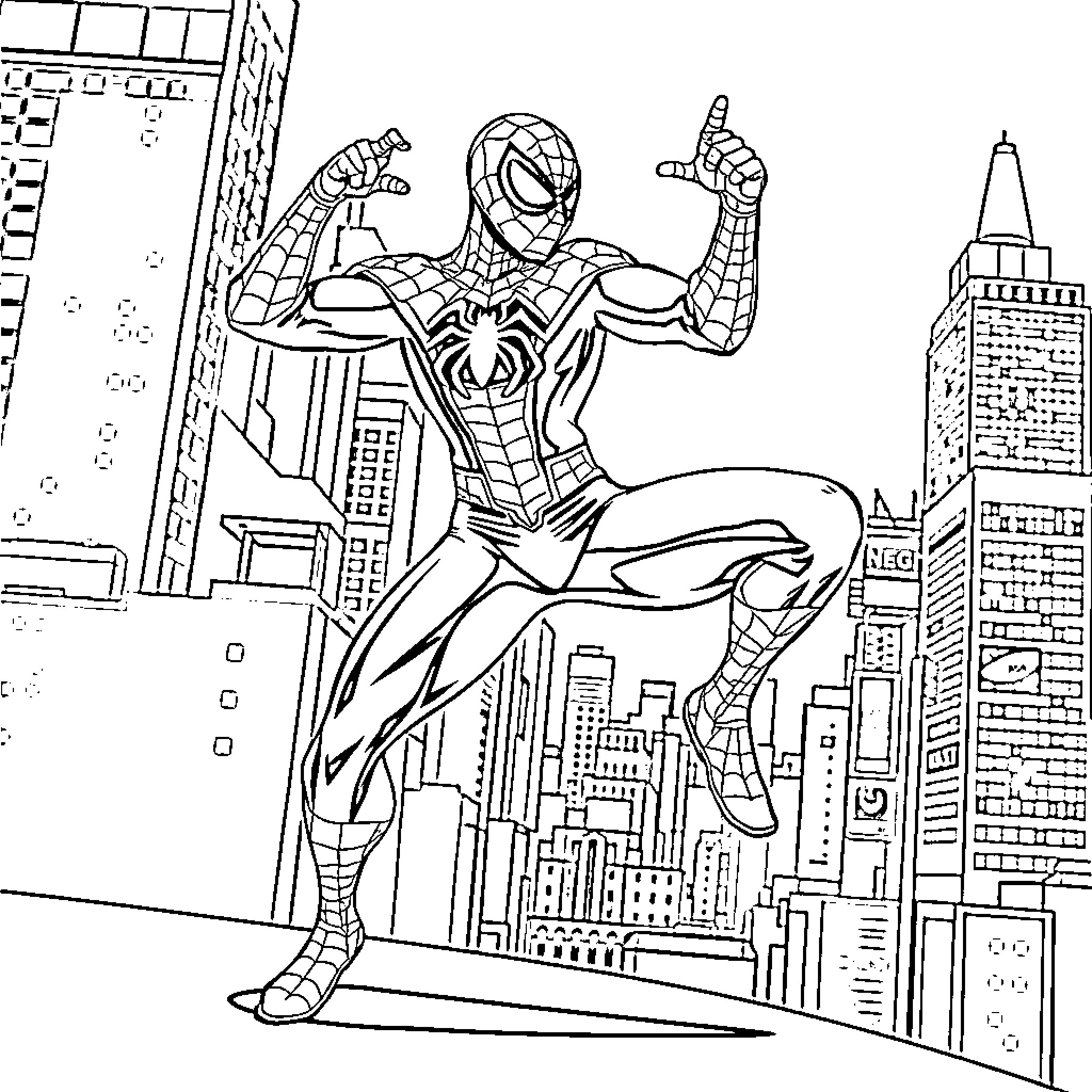 Spiderman heroically swinging through the cityscape Coloring Page (free black-and-white line drawing printable PDF for all, from beginners to advanced learners, including children, teens, adults, and seniors)