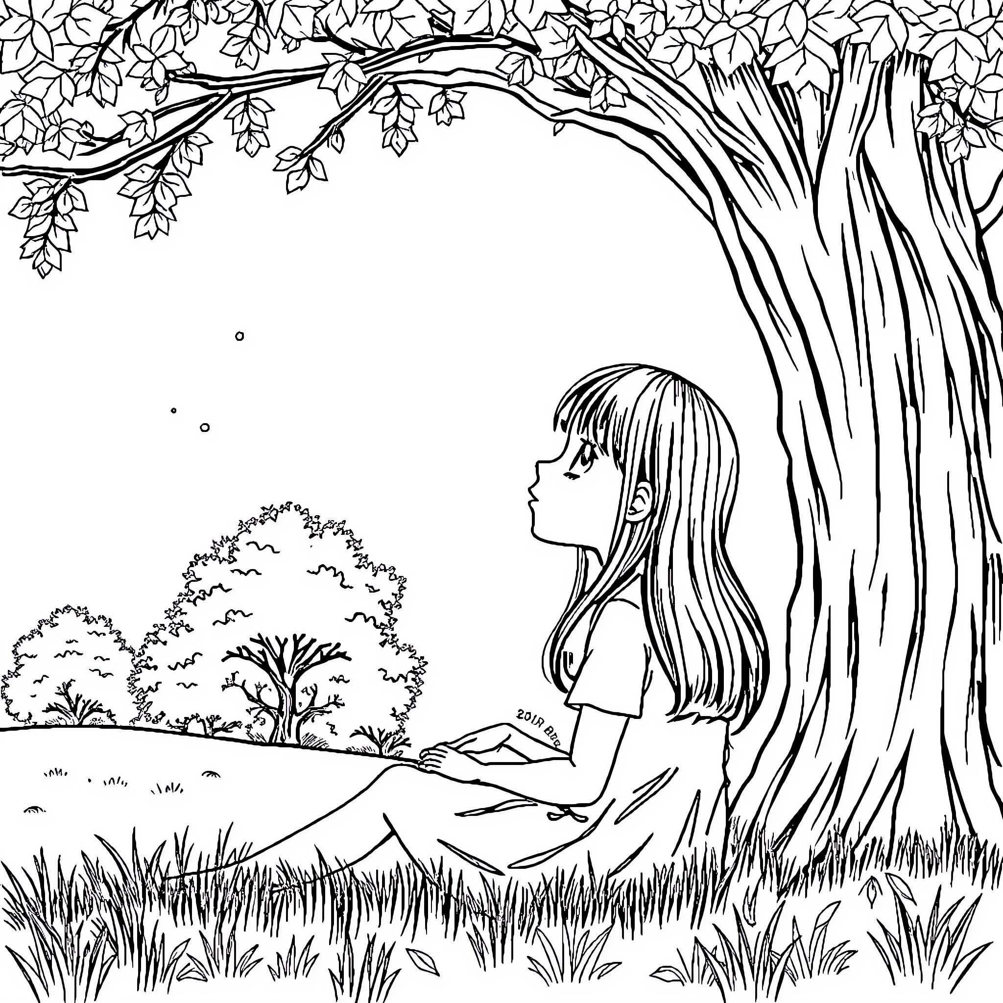 Girl sitting peacefully under the tree Coloring Page (free black-and-white line drawing printable PDF for all, from beginners to advanced learners, including children, teens, adults, and seniors)