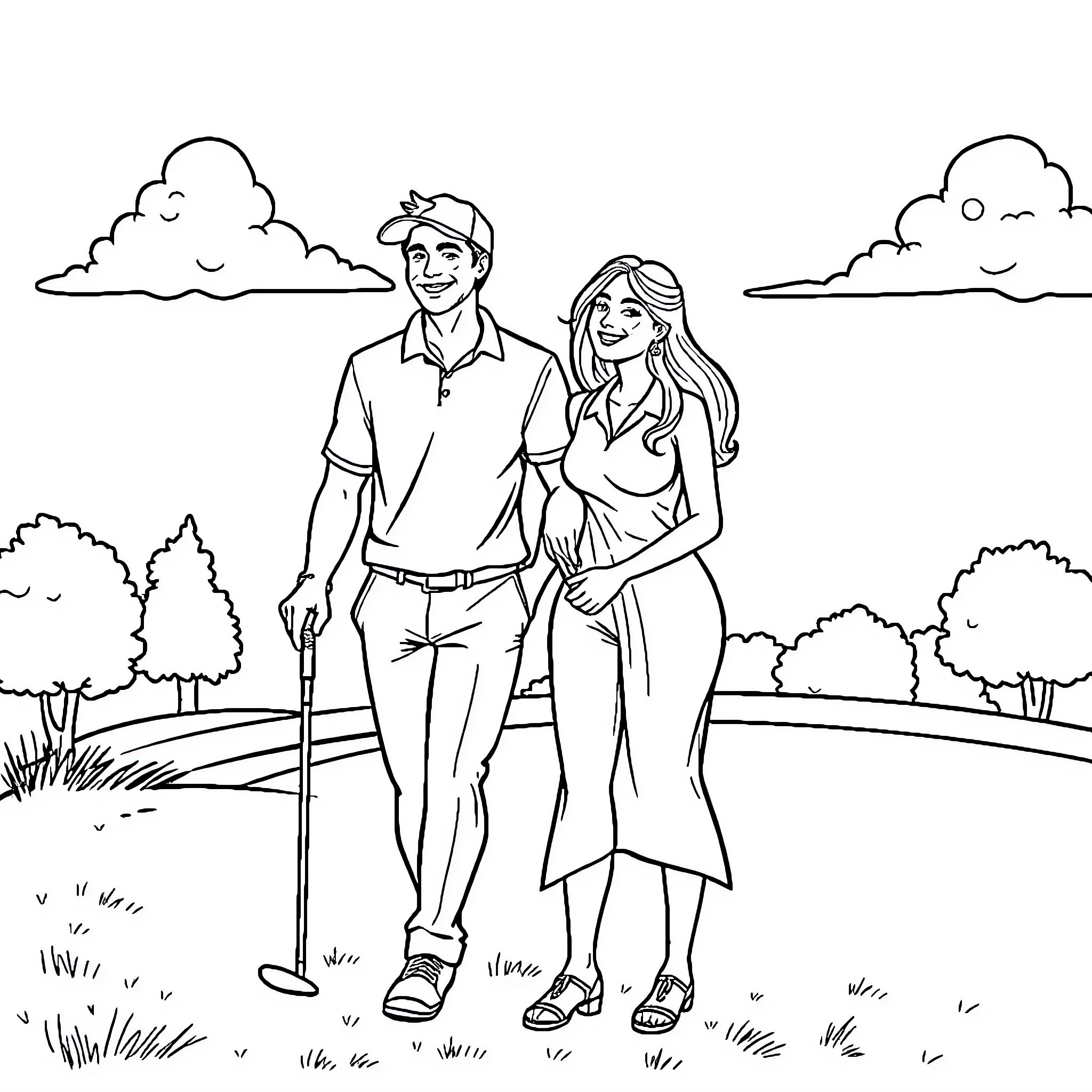 Golfer couple strolling through scenic golf course Coloring Page (free black-and-white line drawing printable PDF for all, from beginners to advanced learners, including children, teens, adults, and seniors)
