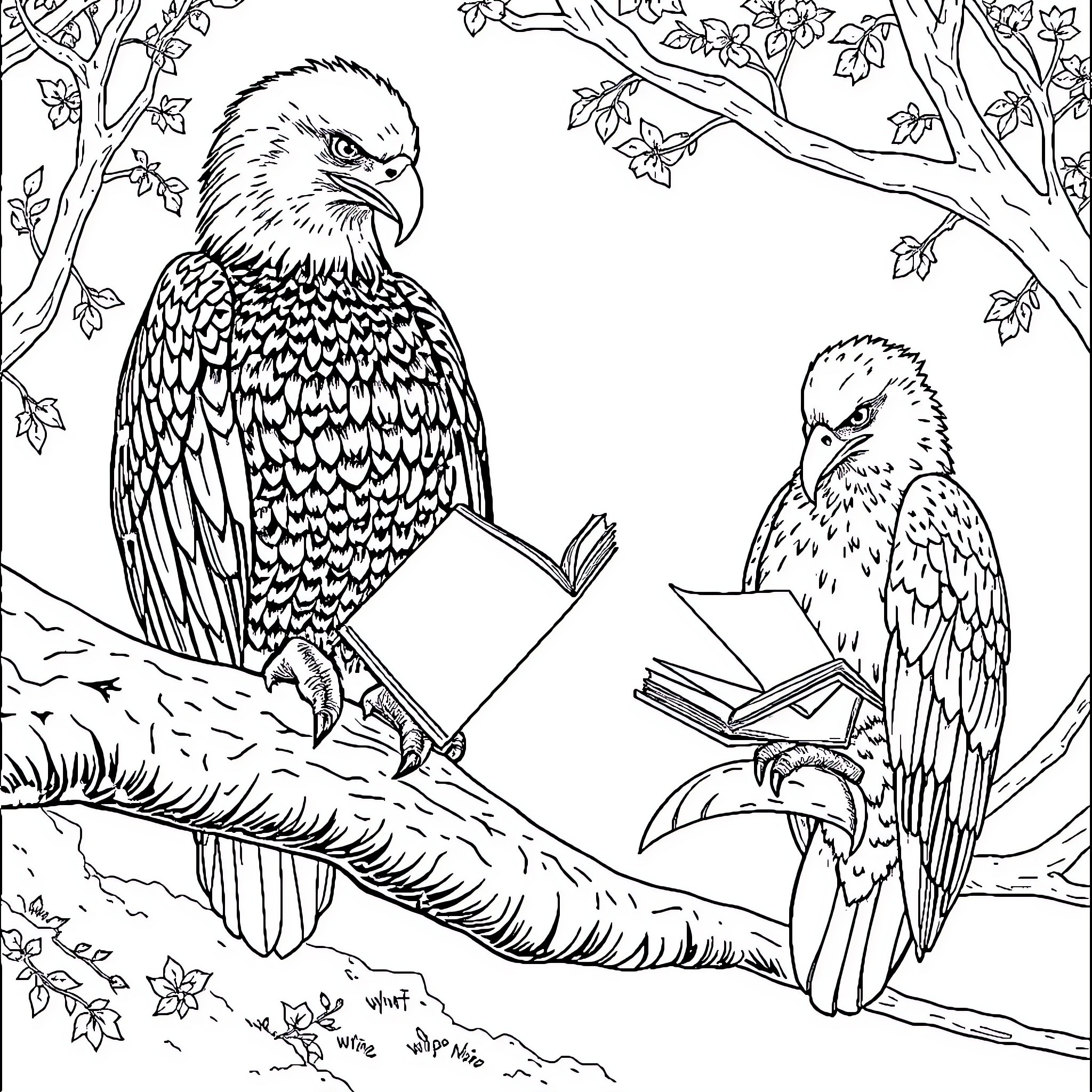 Eagle pair in a serene woodland setting Coloring Page (free black-and-white line drawing printable PDF for all, from beginners to advanced learners, including children, teens, adults, and seniors)