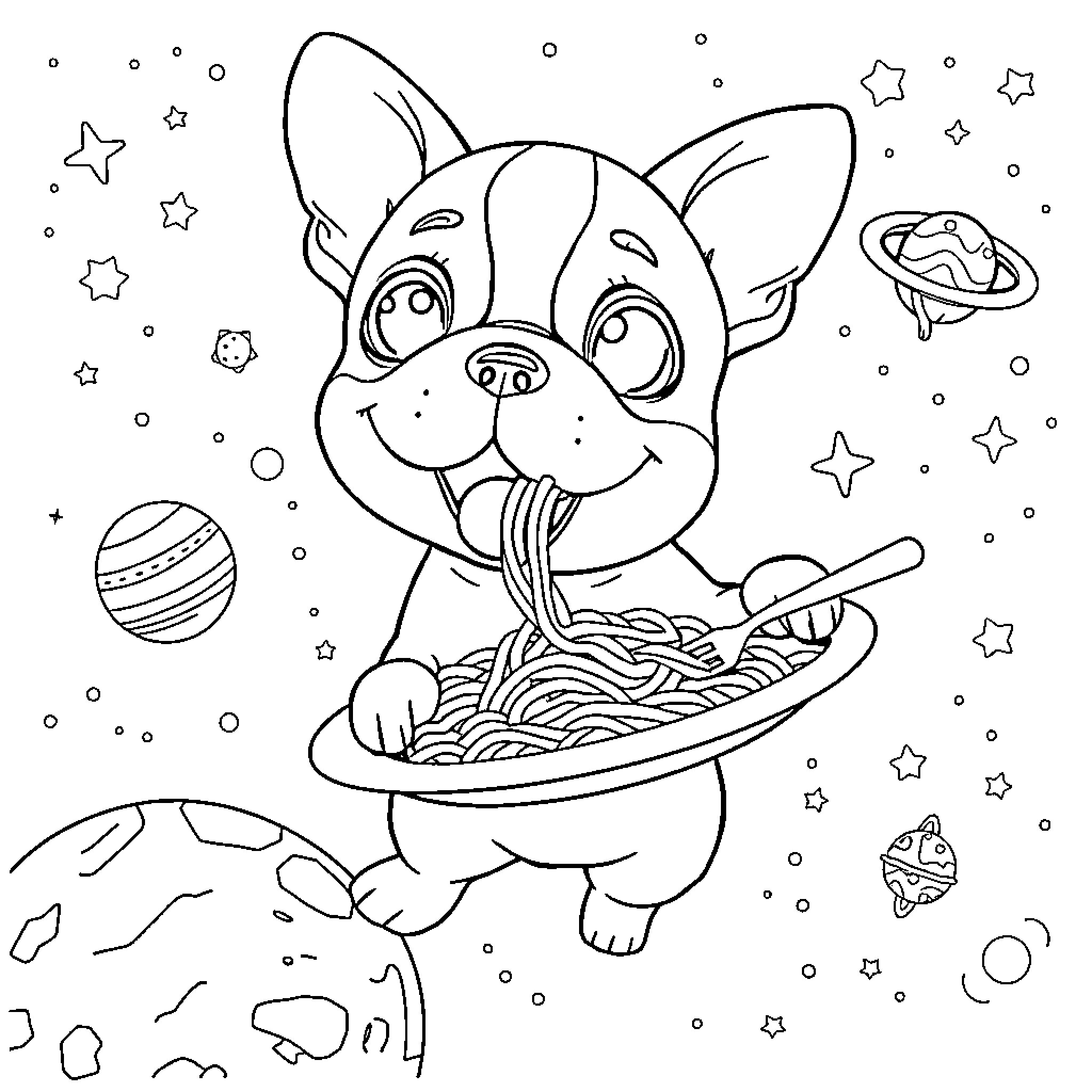 Frenchie enjoying a cosmic spaghetti feast Coloring Page (free black-and-white line drawing printable PDF for all, from beginners to advanced learners, including children, teens, adults, and seniors)