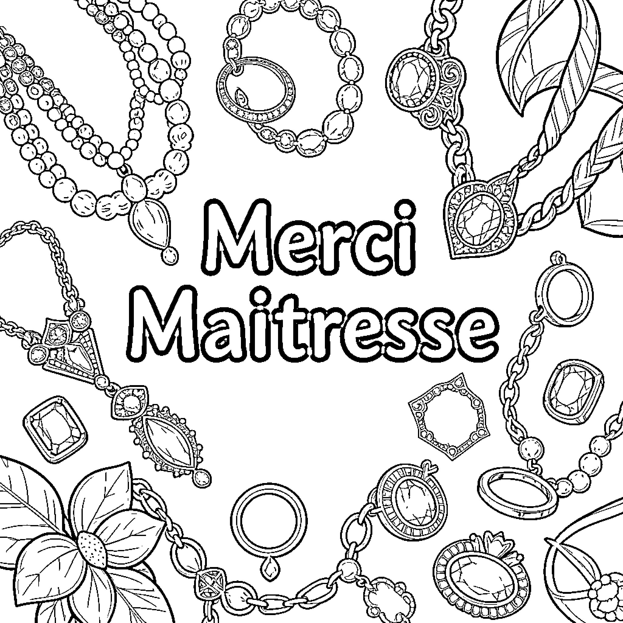 Merci displaying various elegant necklaces and jewelry pieces Coloring Page (free black-and-white line drawing printable PDF for all, from beginners to advanced learners, including children, teens, adults, and seniors)