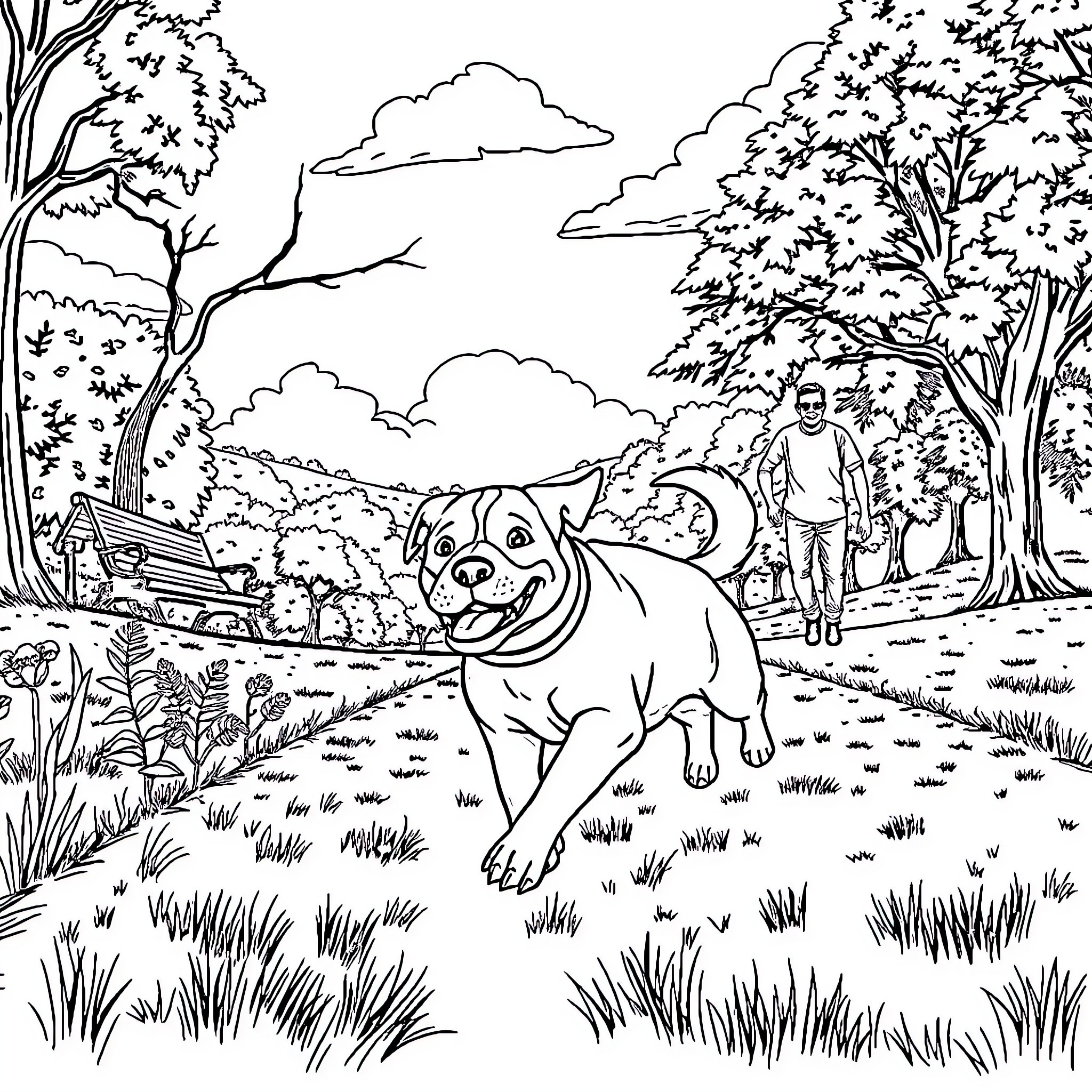 Dog exploring the outdoor park with its owner Coloring Page (free black-and-white line drawing printable PDF for all, from beginners to advanced learners, including children, teens, adults, and seniors)