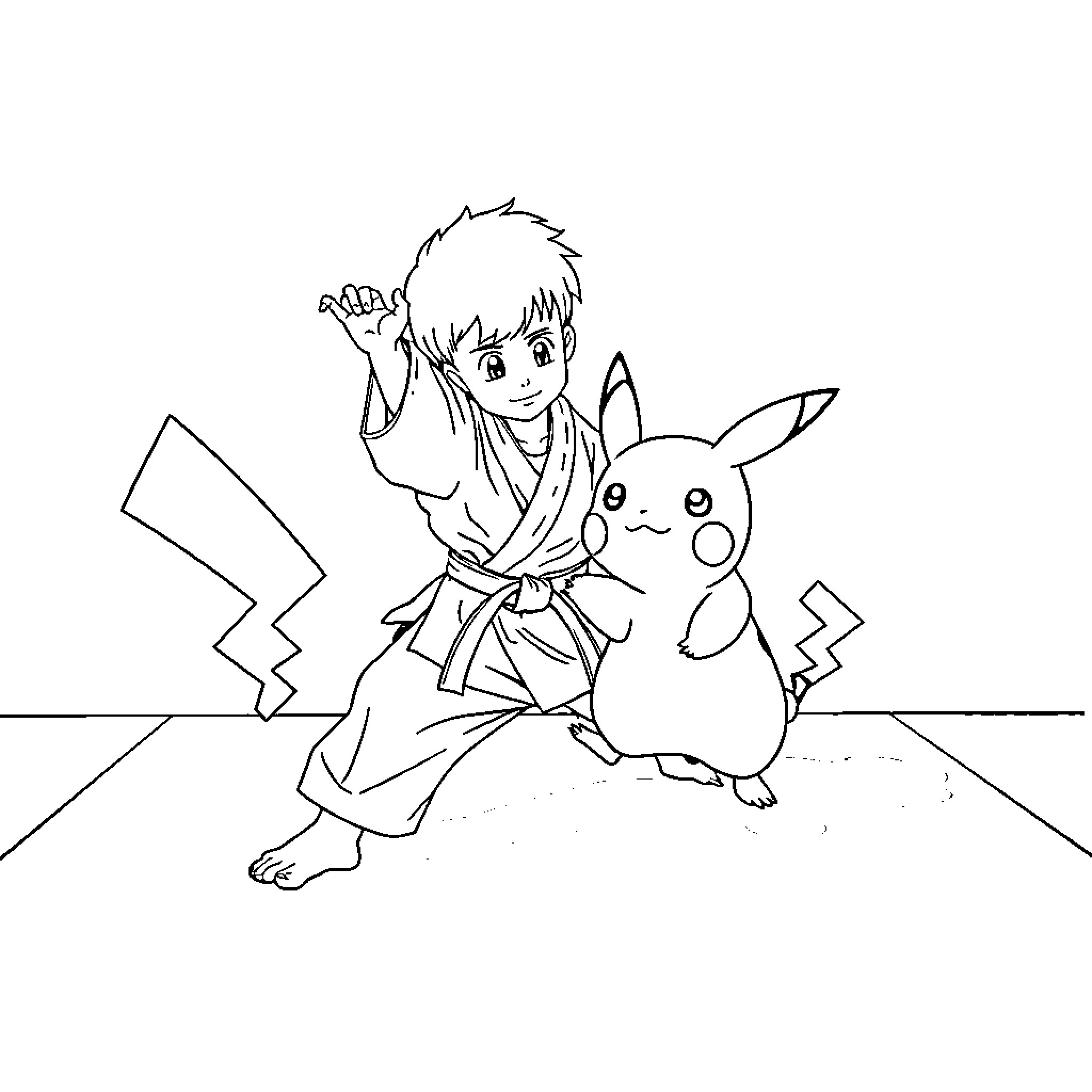 Boy in martial arts pose with companion Pokémon Coloring Page (free black-and-white line drawing printable PDF for all, from beginners to advanced learners, including children, teens, adults, and seniors)