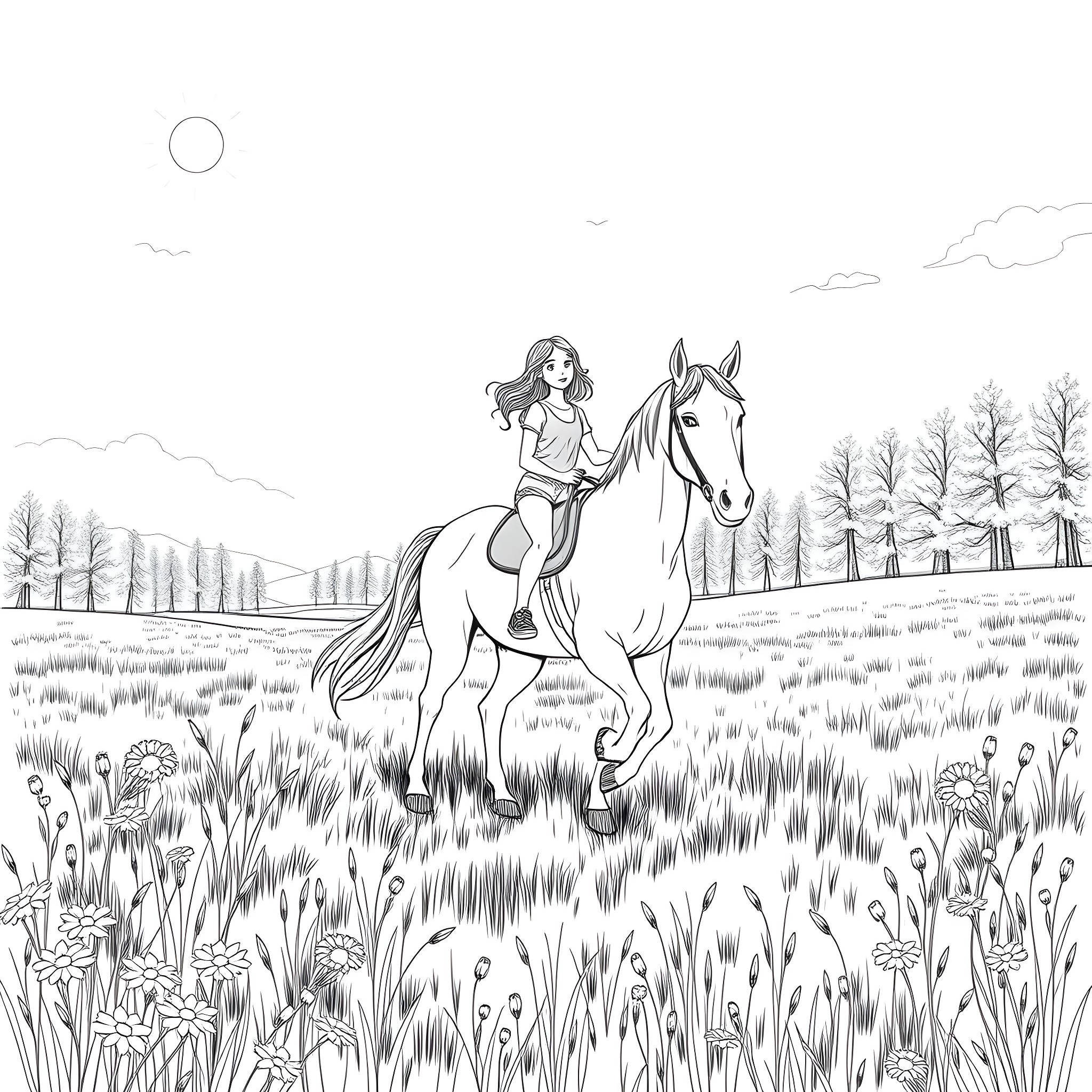 Girl riding a horse through an idyllic meadow Coloring Page (free black-and-white line drawing printable PDF for all, from beginners to advanced learners, including children, teens, adults, and seniors)
