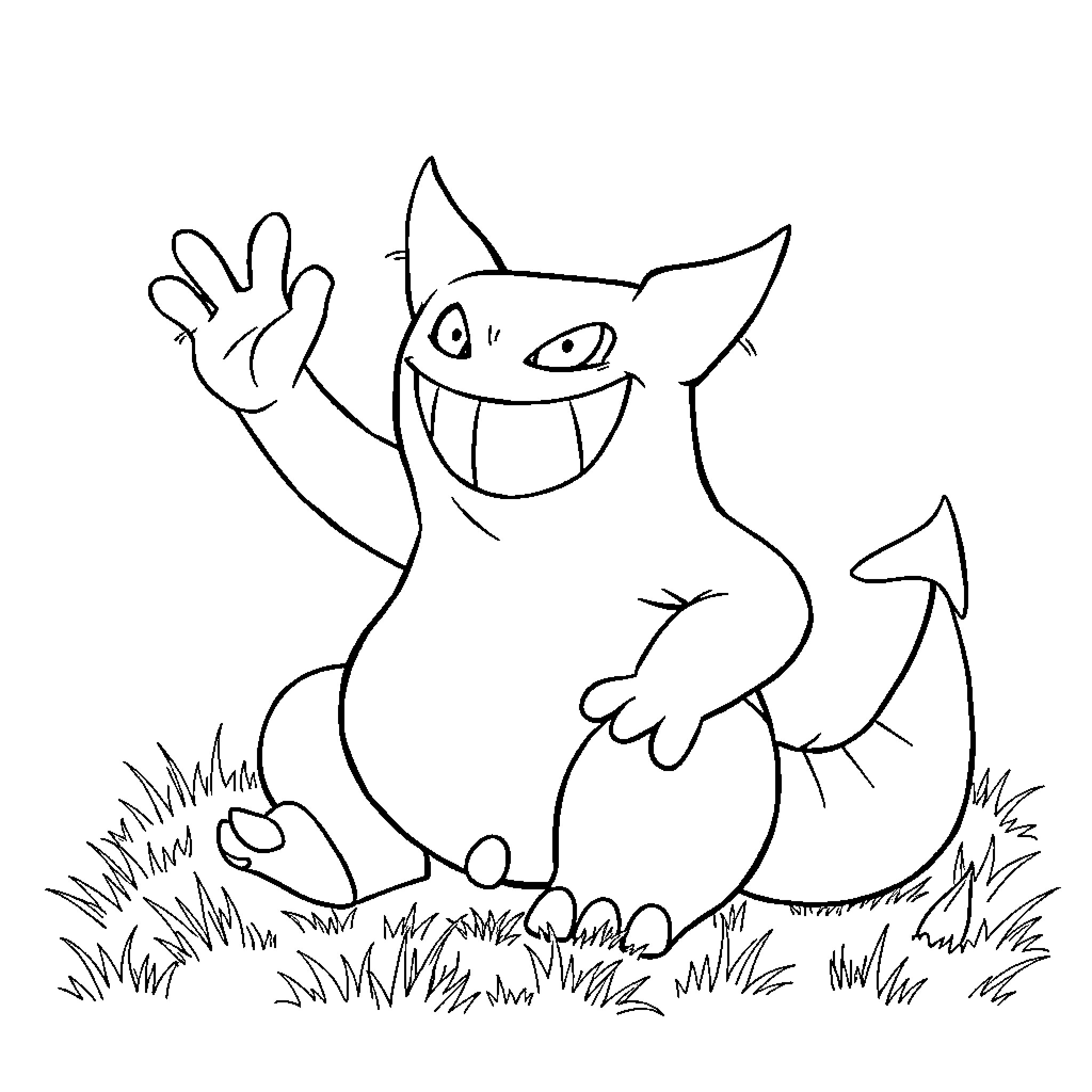 Gengar playfully waving in grassy field Coloring Page (free black-and-white line drawing printable PDF for all, from beginners to advanced learners, including children, teens, adults, and seniors)