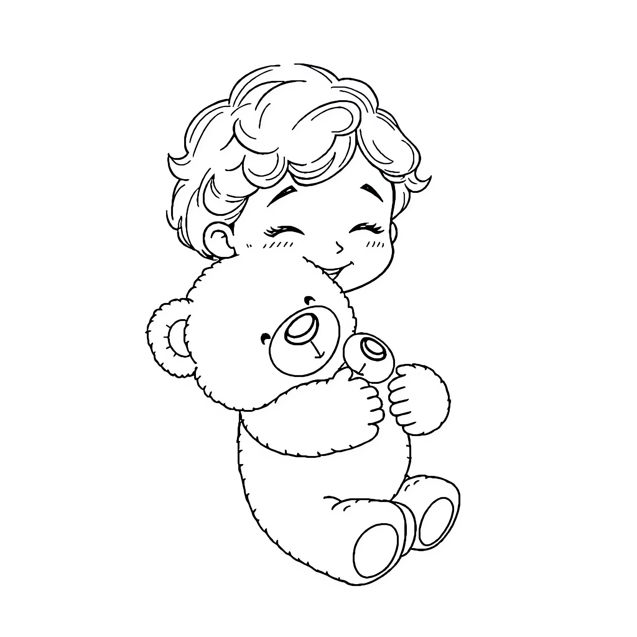 Girl hugging a cute plush toy Coloring Page (free black-and-white line drawing printable PDF for all, from beginners to advanced learners, including children, teens, adults, and seniors)