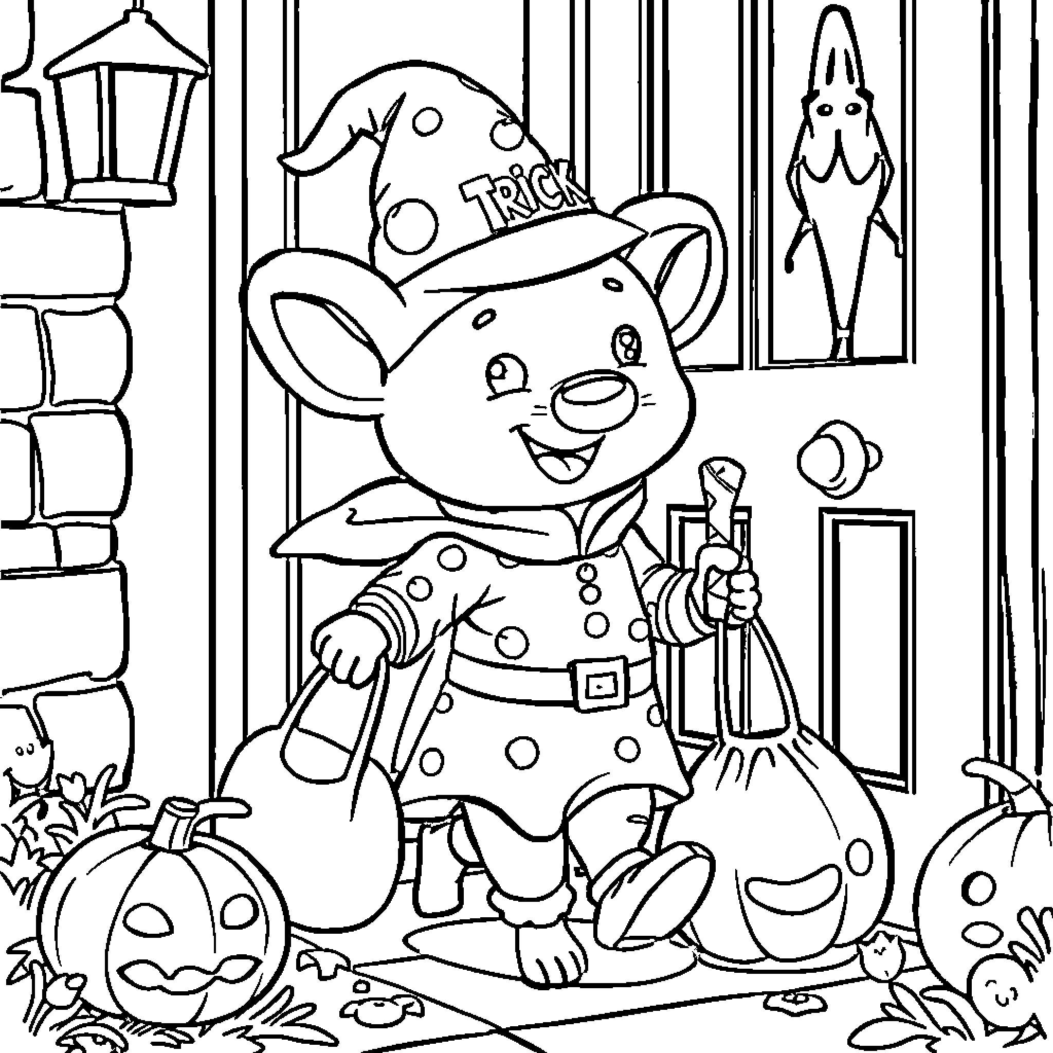 Labubu's Trick-or-Treating Adventure Coloring Page (free black-and-white line drawing printable PDF for all, from beginners to advanced learners, including children, teens, adults, and seniors)