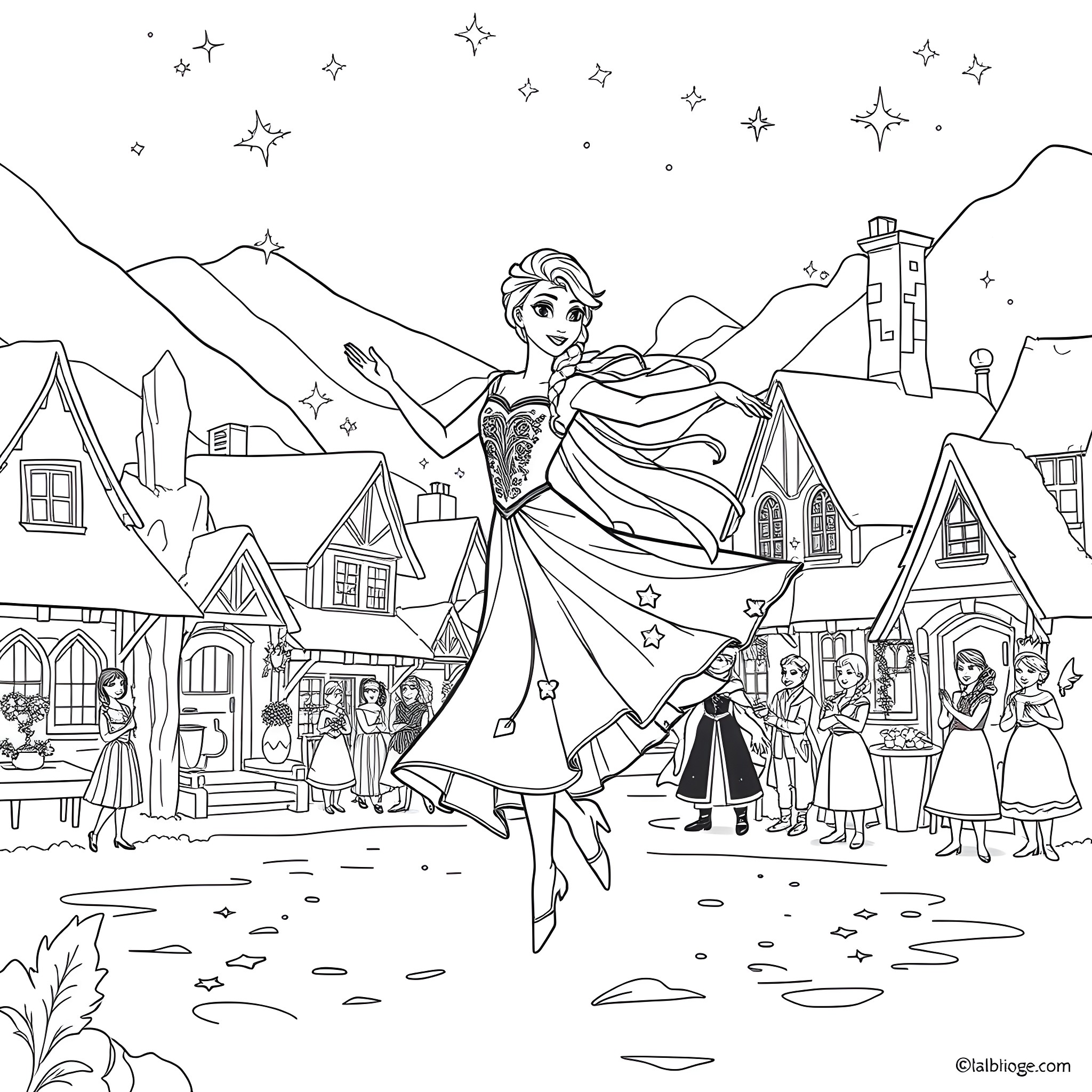 Elsa in a magical winter night Coloring Page (free black-and-white line drawing printable PDF for all, from beginners to advanced learners, including children, teens, adults, and seniors)