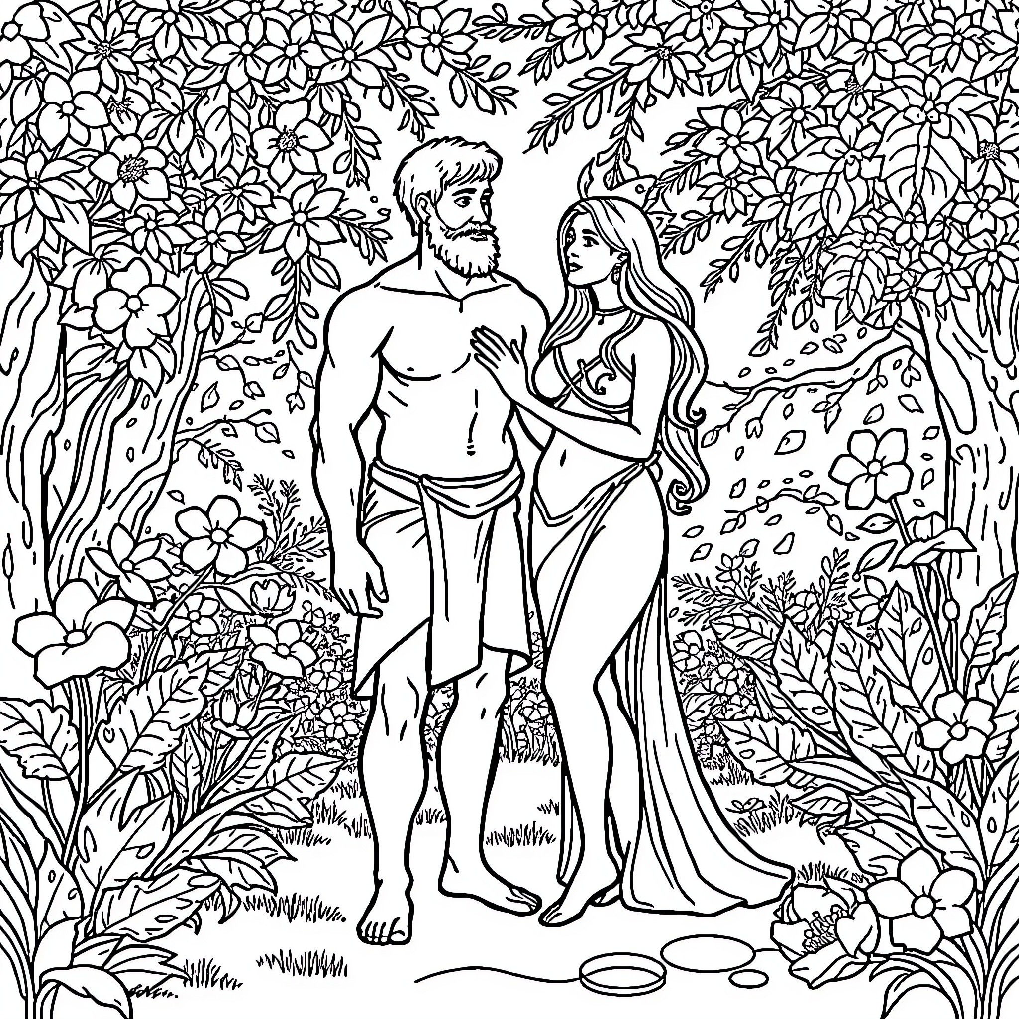 Adam and Eve in the Garden of Eden Coloring Page (free black-and-white line drawing printable PDF for all, from beginners to advanced learners, including children, teens, adults, and seniors)