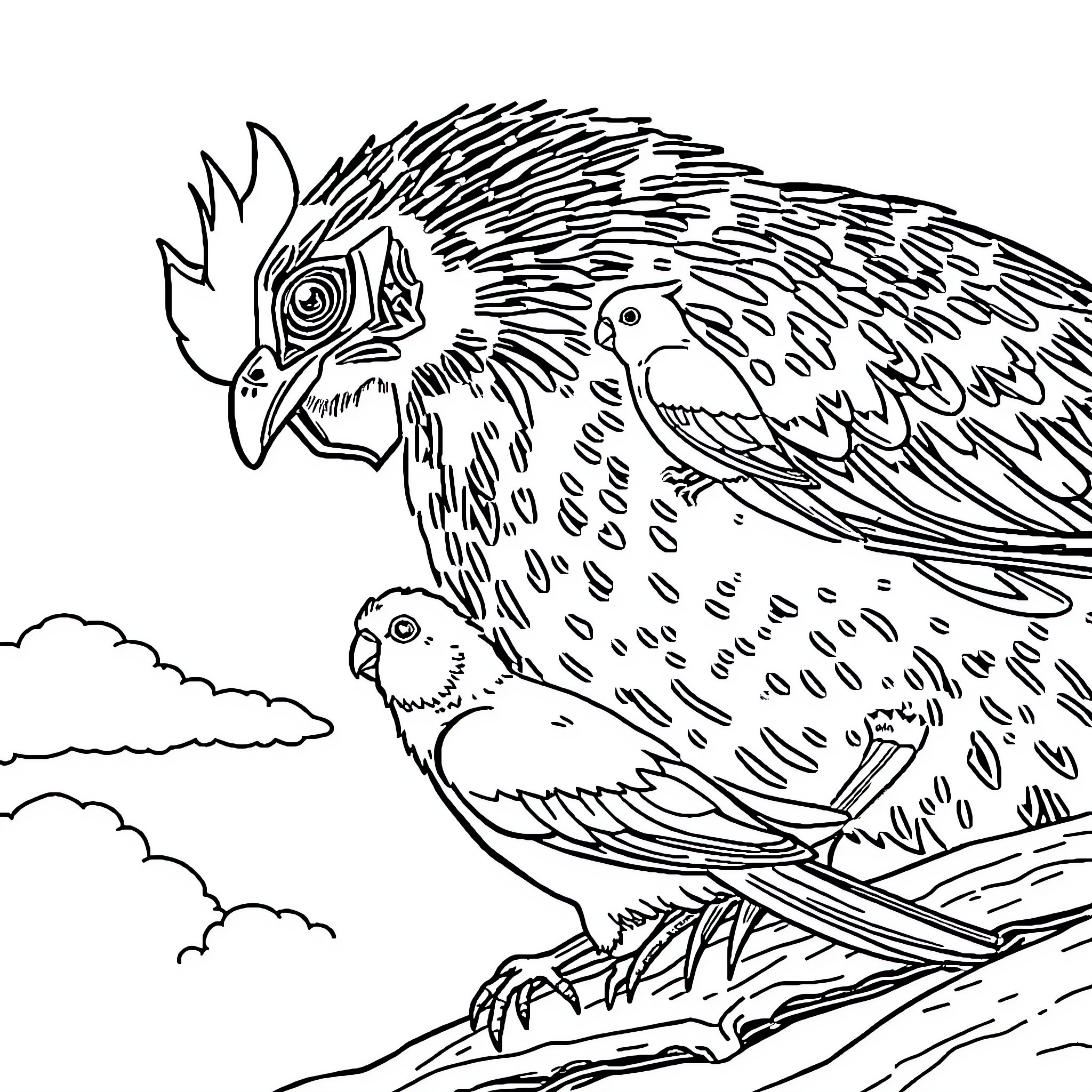Pollo roosters in the sky Coloring Page (free black-and-white line drawing printable PDF for all, from beginners to advanced learners, including children, teens, adults, and seniors)