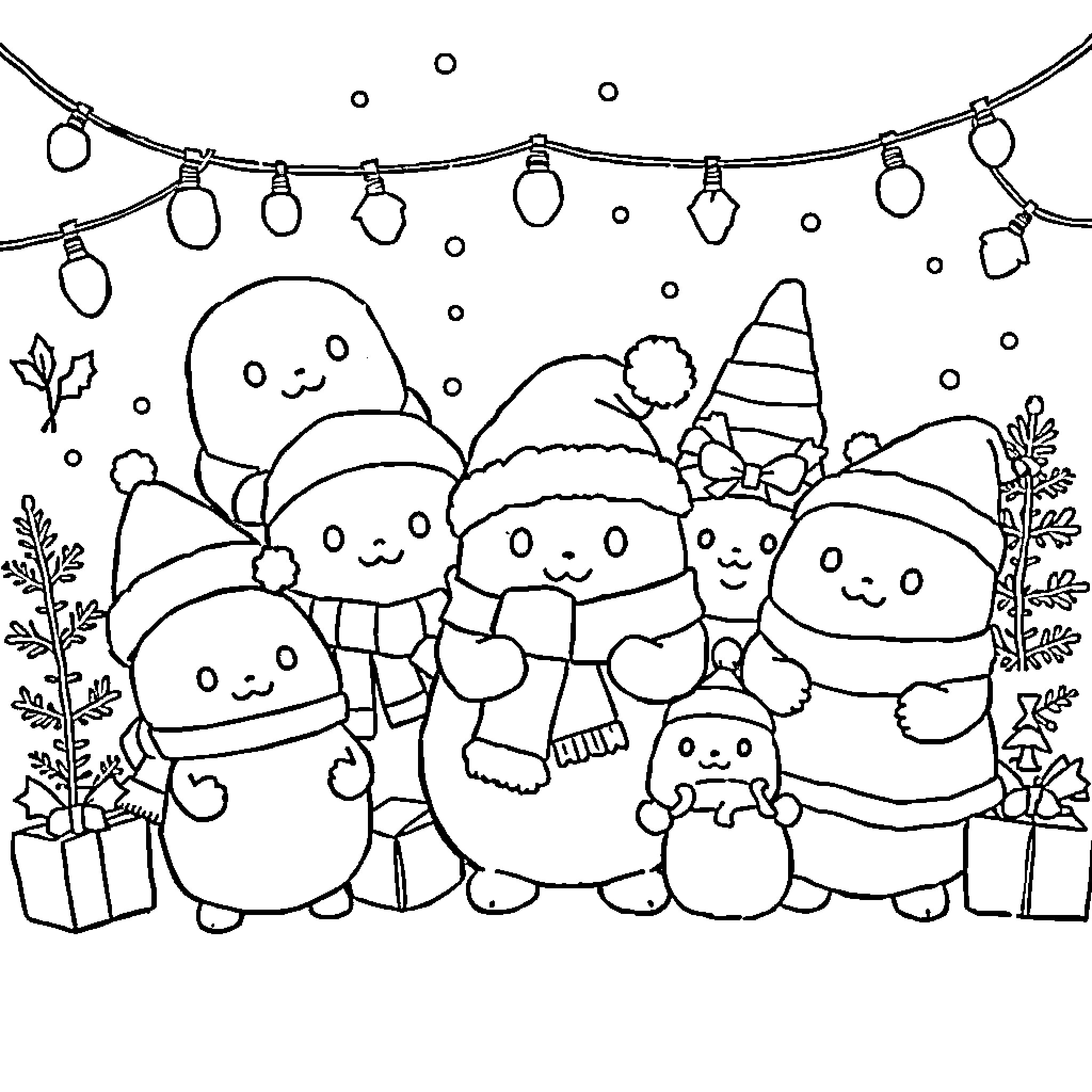 Squishmallows enjoying a winter wonderland scene Coloring Page (free black-and-white line drawing printable PDF for all, from beginners to advanced learners, including children, teens, adults, and seniors)