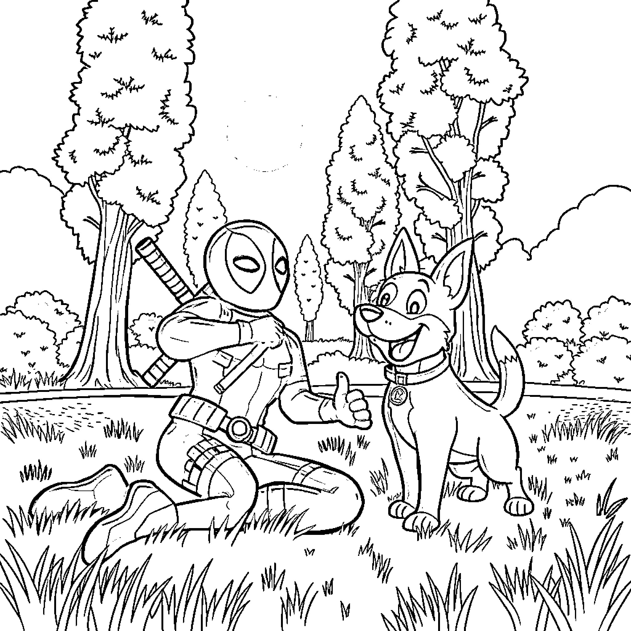 Deadpool's Playful Adventure with Canine Companion Coloring Page (free black-and-white line drawing printable PDF for all, from beginners to advanced learners, including children, teens, adults, and seniors)