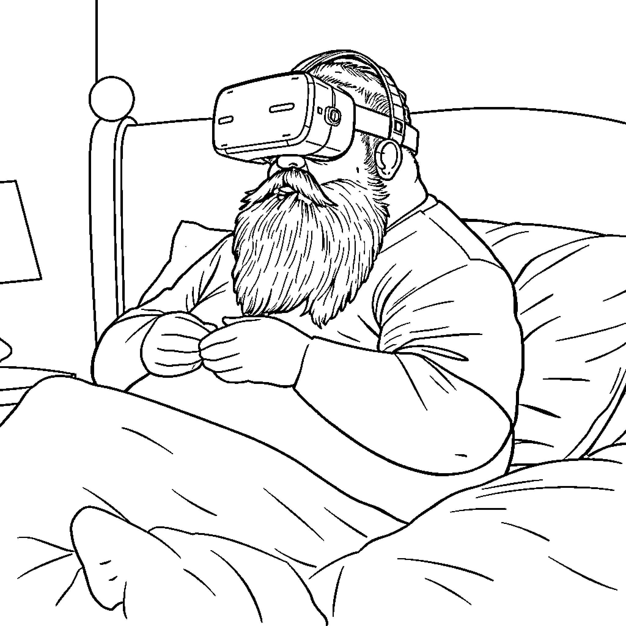 Man enjoying virtual reality in bed Coloring Page (free black-and-white line drawing printable PDF for all, from beginners to advanced learners, including children, teens, adults, and seniors)