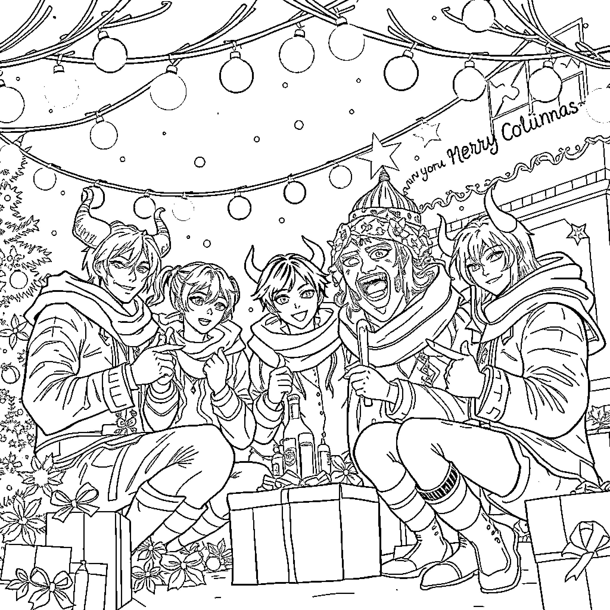 Kpop Demon Hunters Celebrate the Holidays with Festive Cheer Coloring Page (free black-and-white line drawing printable PDF for all, from beginners to advanced learners, including children, teens, adults, and seniors)