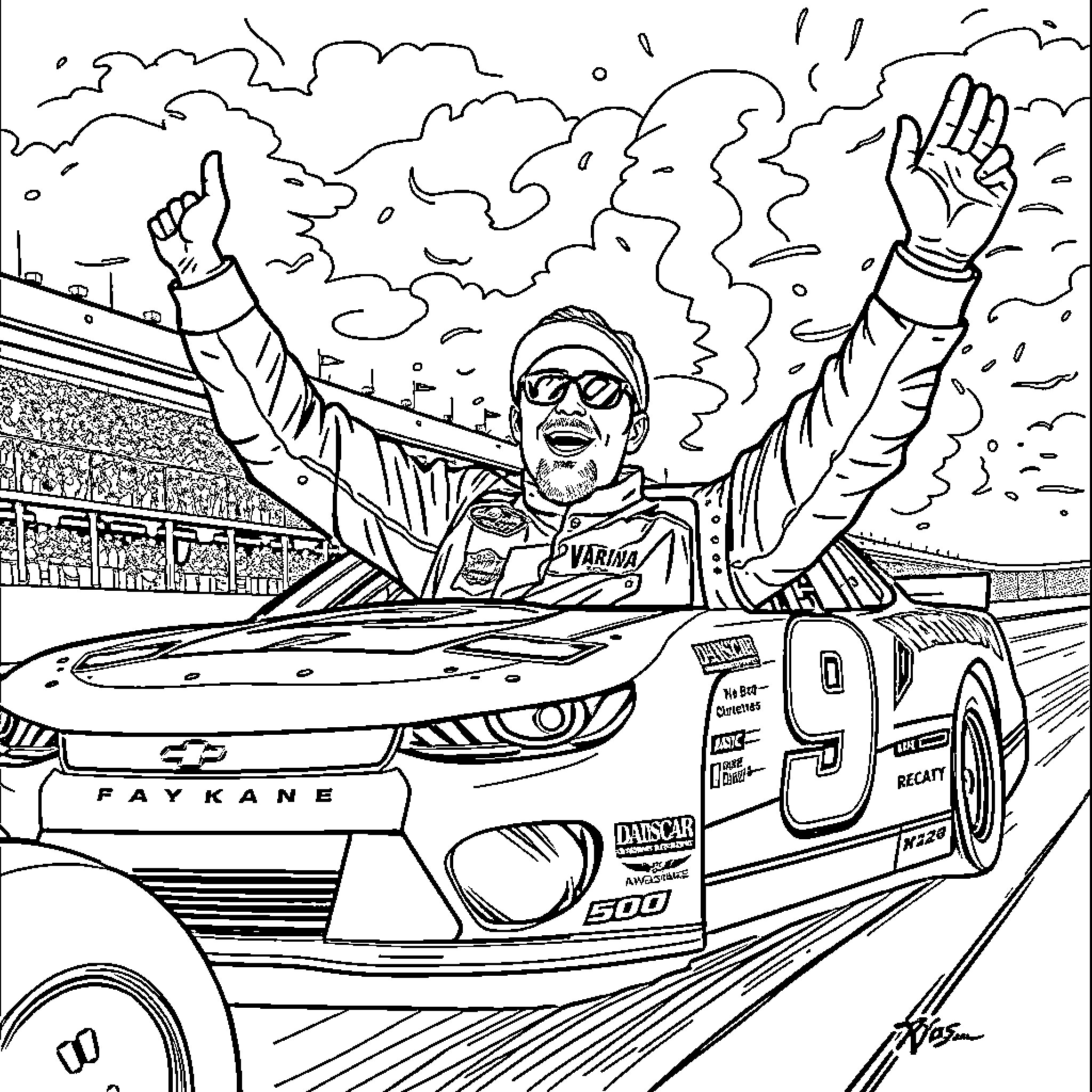 Kacy Kane's Triumphant Victory Celebration Coloring Page (free black-and-white line drawing printable PDF for all, from beginners to advanced learners, including children, teens, adults, and seniors)