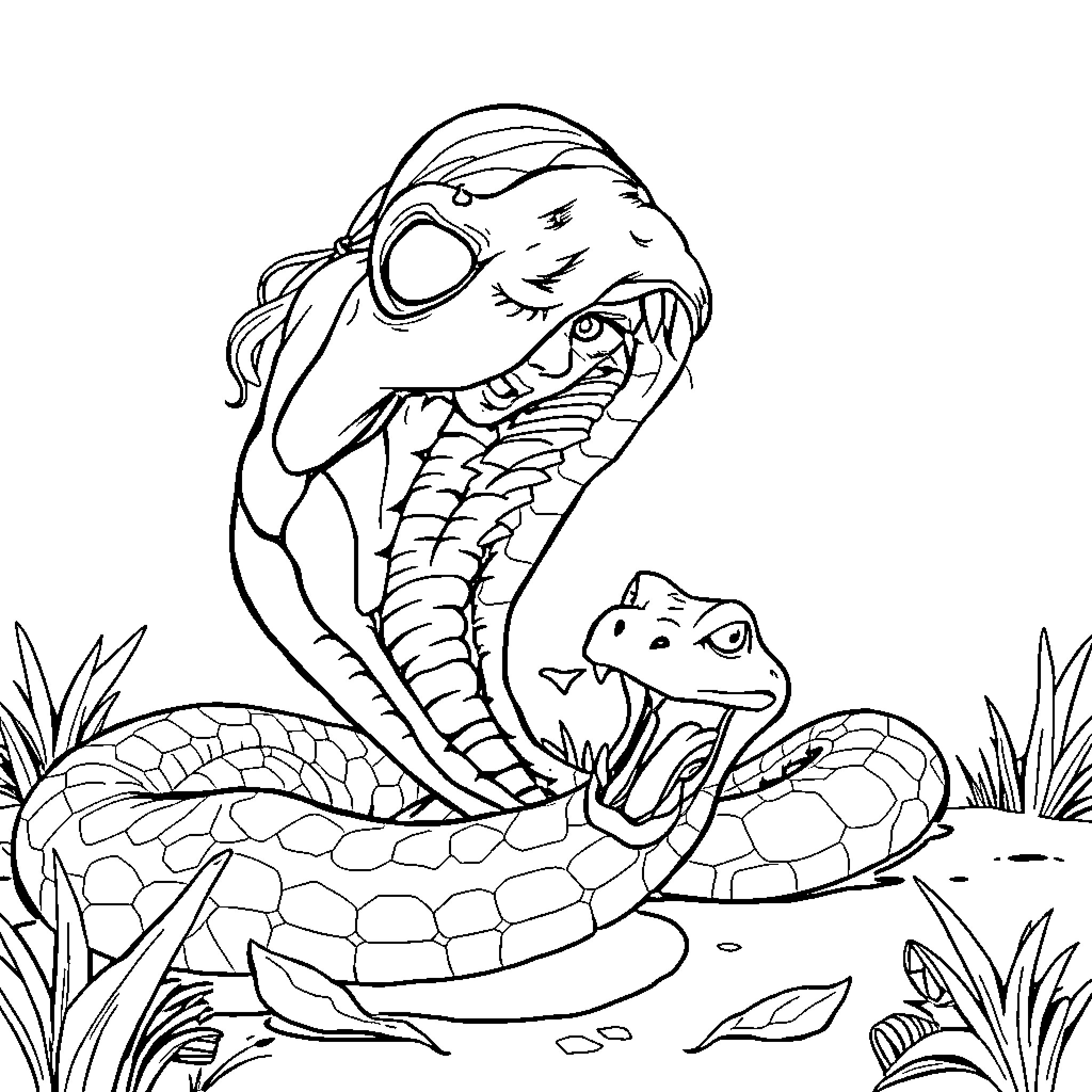 Snake with open mouth confronting another snake in the wild Coloring Page (free black-and-white line drawing printable PDF for all, from beginners to advanced learners, including children, teens, adults, and seniors)