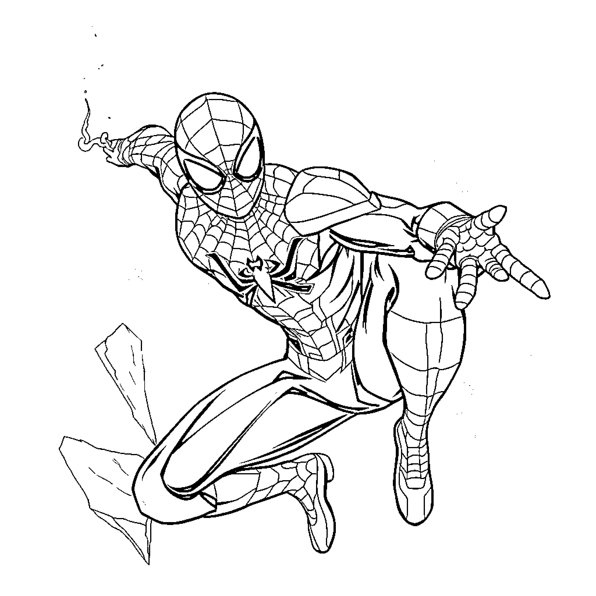 Spiderman in action-packed pose Coloring Page (free black-and-white line drawing printable PDF for all, from beginners to advanced learners, including children, teens, adults, and seniors)