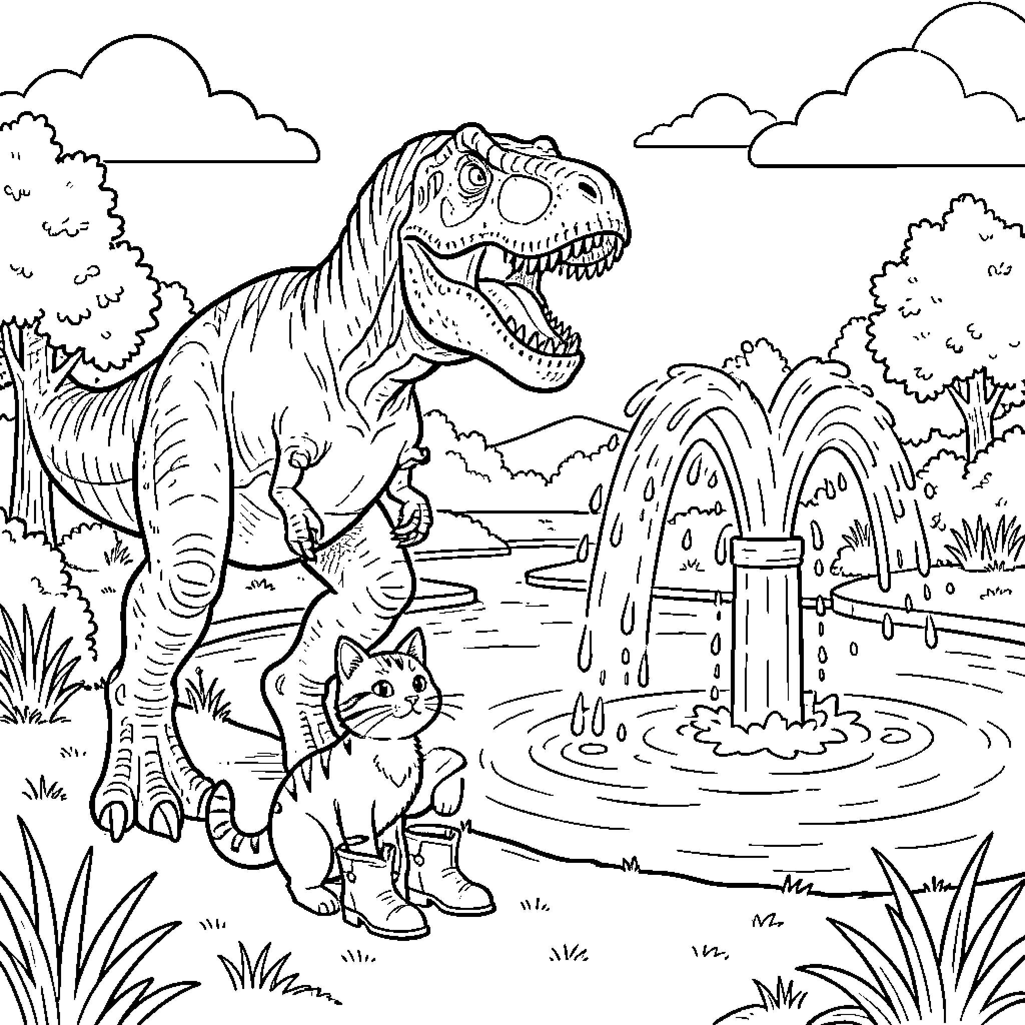 Gato sitting bravely near a large dinosaur Coloring Page (free black-and-white line drawing printable PDF for all, from beginners to advanced learners, including children, teens, adults, and seniors)