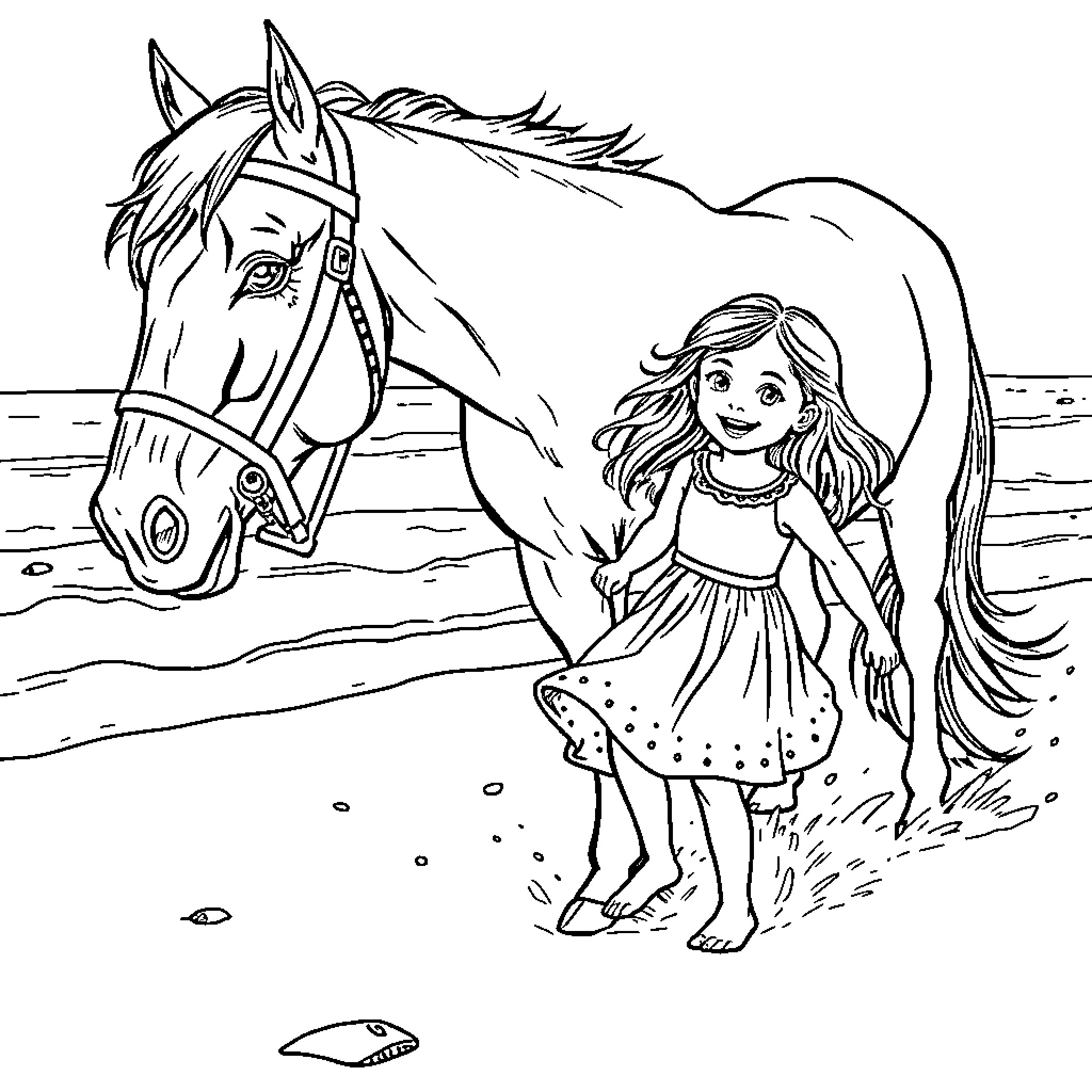 Girl and her loyal horse on the beach Coloring Page (free black-and-white line drawing printable PDF for all, from beginners to advanced learners, including children, teens, adults, and seniors)