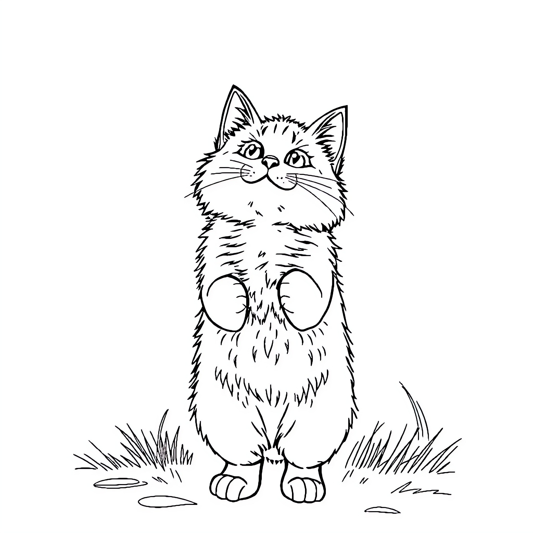 Cat sitting curiously in grass Coloring Page (free black-and-white line drawing printable PDF for all, from beginners to advanced learners, including children, teens, adults, and seniors)