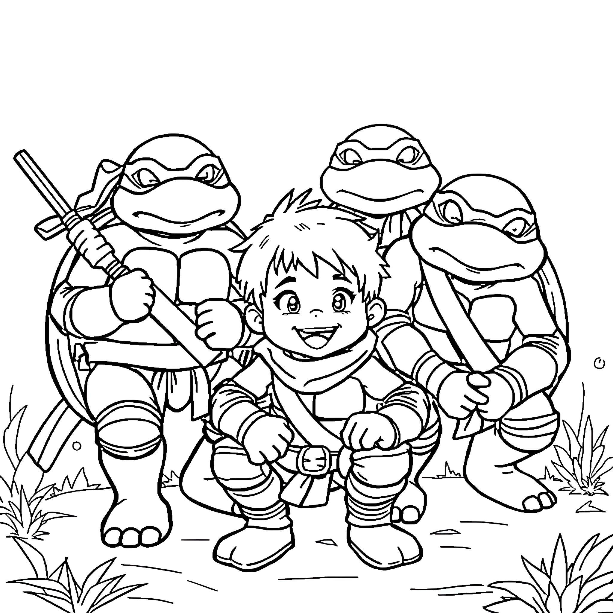 Turtle Ninja Turtles in action pose Coloring Page (free black-and-white line drawing printable PDF for all, from beginners to advanced learners, including children, teens, adults, and seniors)