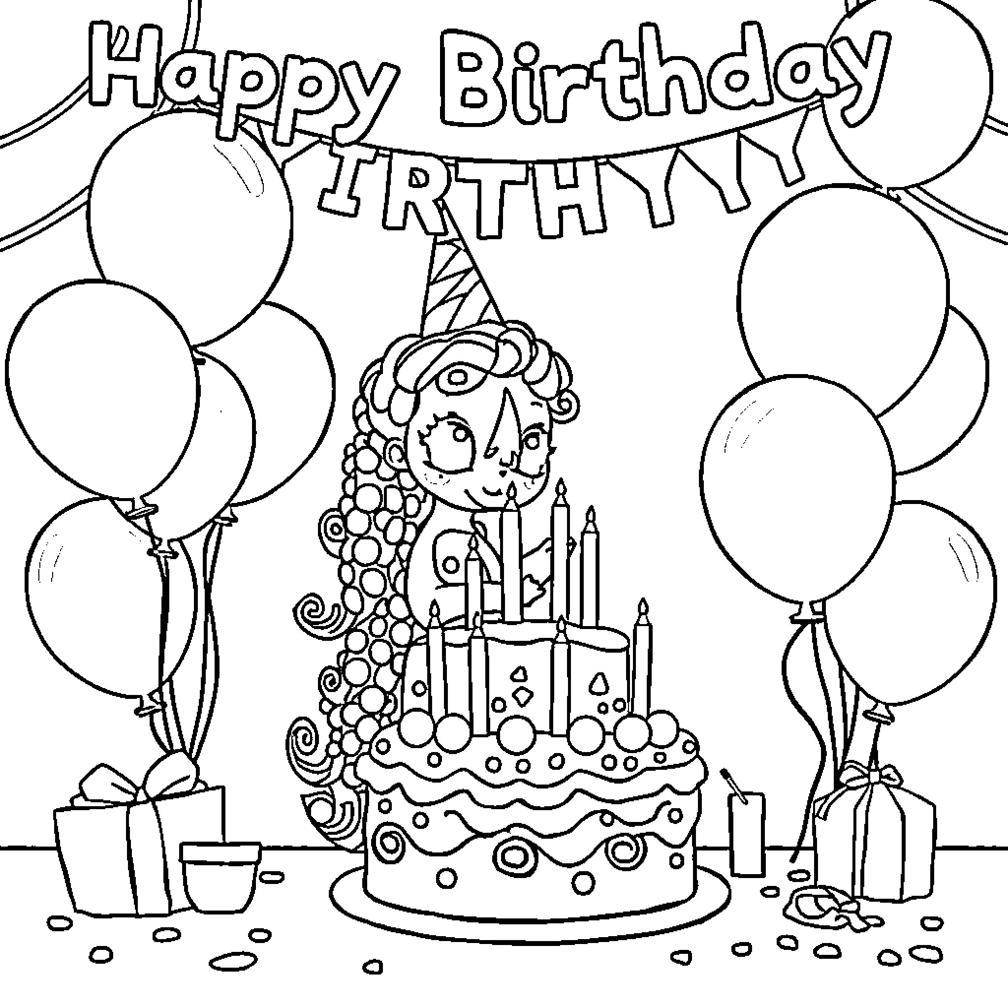 Paisley celebration with birthday cake and balloons Coloring Page (free black-and-white line drawing printable PDF for all, from beginners to advanced learners, including children, teens, adults, and seniors)