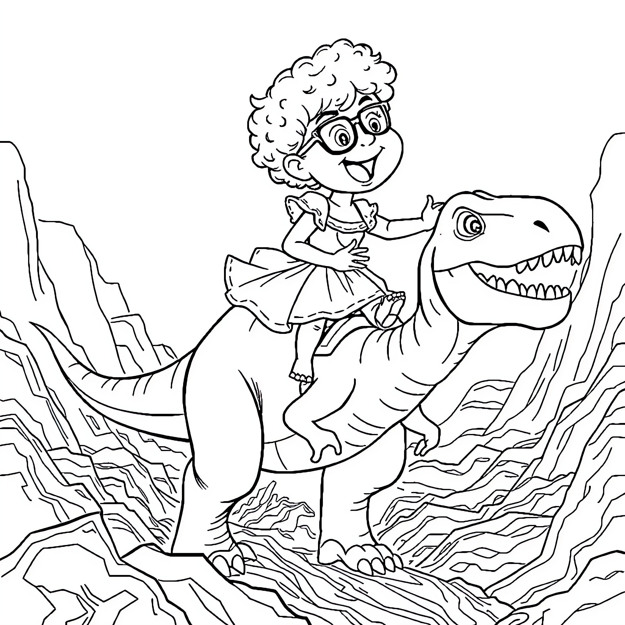 Toddler riding a friendly dinosaur in the wild Coloring Page (free black-and-white line drawing printable PDF for all, from beginners to advanced learners, including children, teens, adults, and seniors)