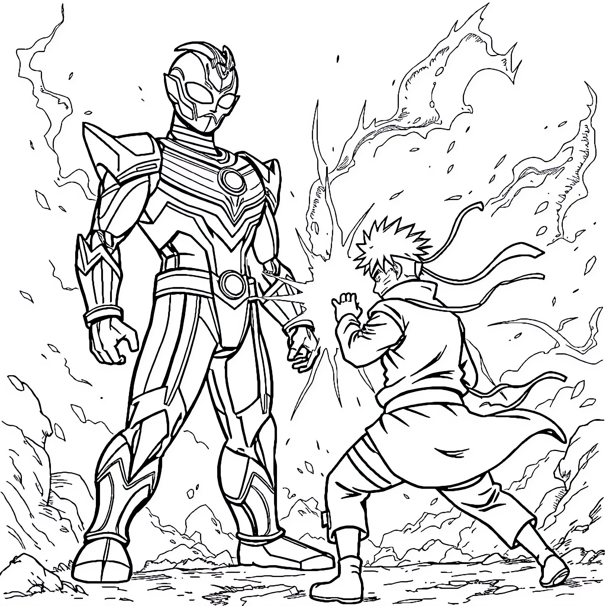 Ultraman heroically facing a powerful adversary Coloring Page (free black-and-white line drawing printable PDF for all, from beginners to advanced learners, including children, teens, adults, and seniors)