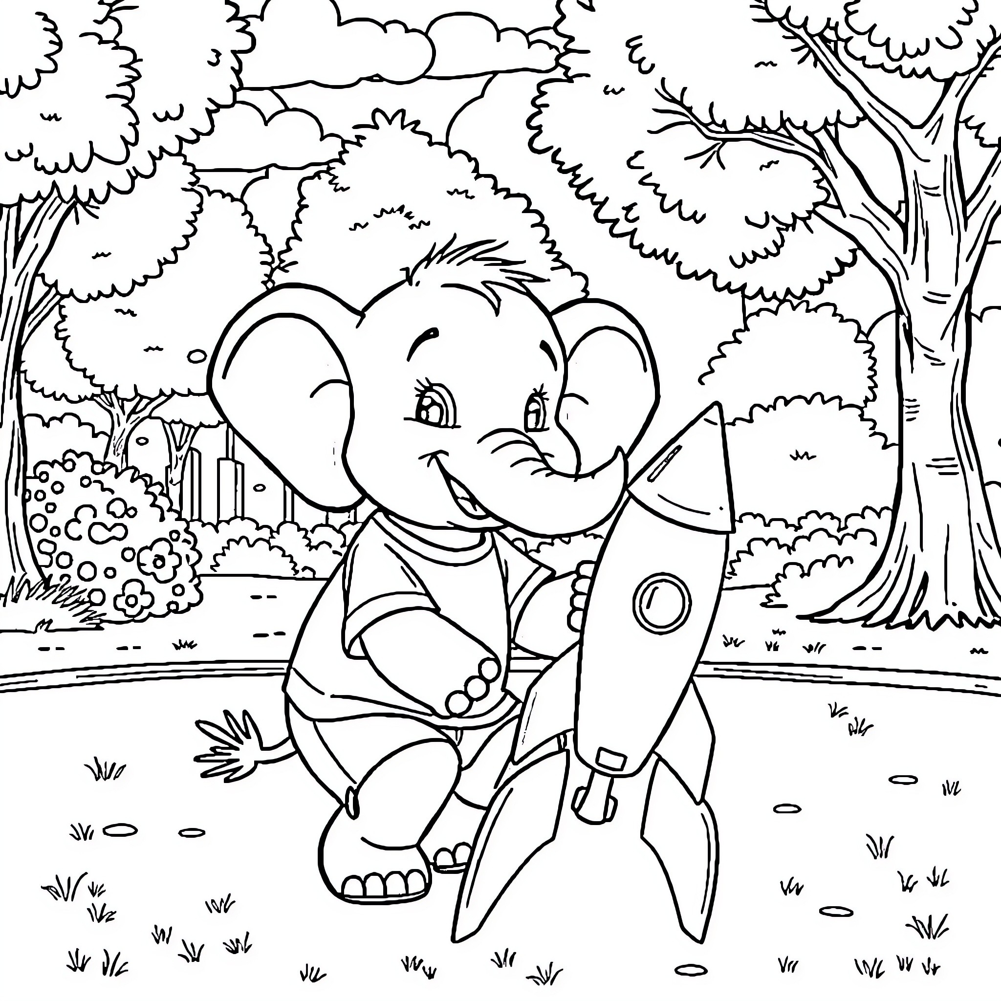Elephant playing joyfully in the forest Coloring Page (free black-and-white line drawing printable PDF for all, from beginners to advanced learners, including children, teens, adults, and seniors)