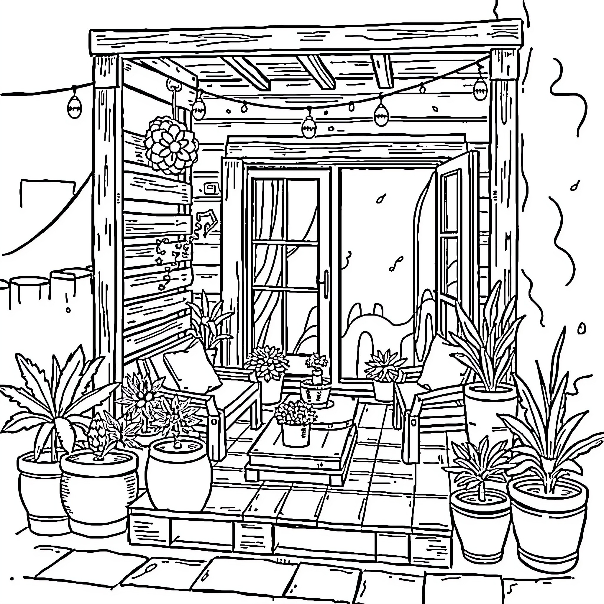 Palette of a Cozy Outdoor Sanctuary Coloring Page (free black-and-white line drawing printable PDF for all, from beginners to advanced learners, including children, teens, adults, and seniors)