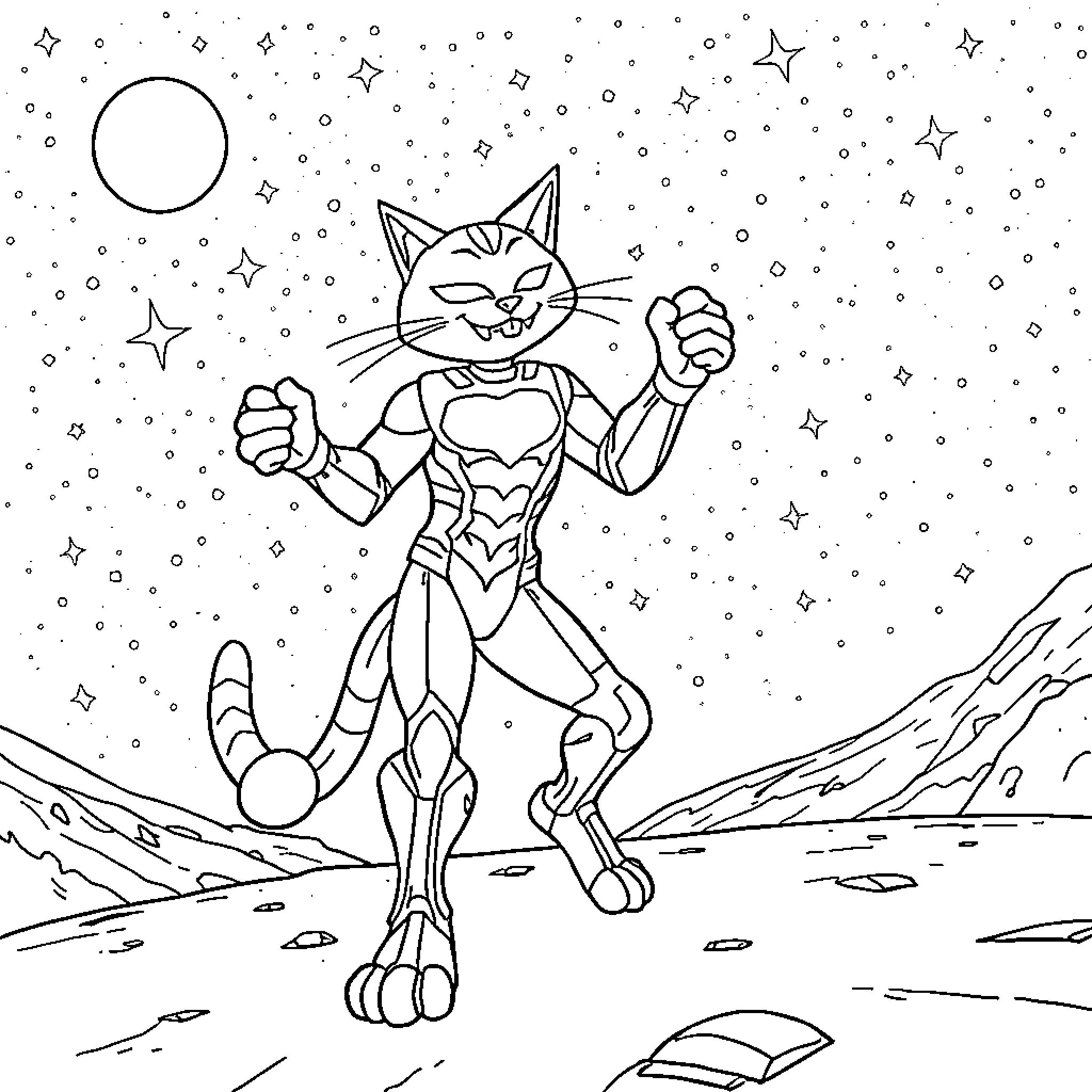 Ironcat triumphant in the cosmic void Coloring Page (free black-and-white line drawing printable PDF for all, from beginners to advanced learners, including children, teens, adults, and seniors)