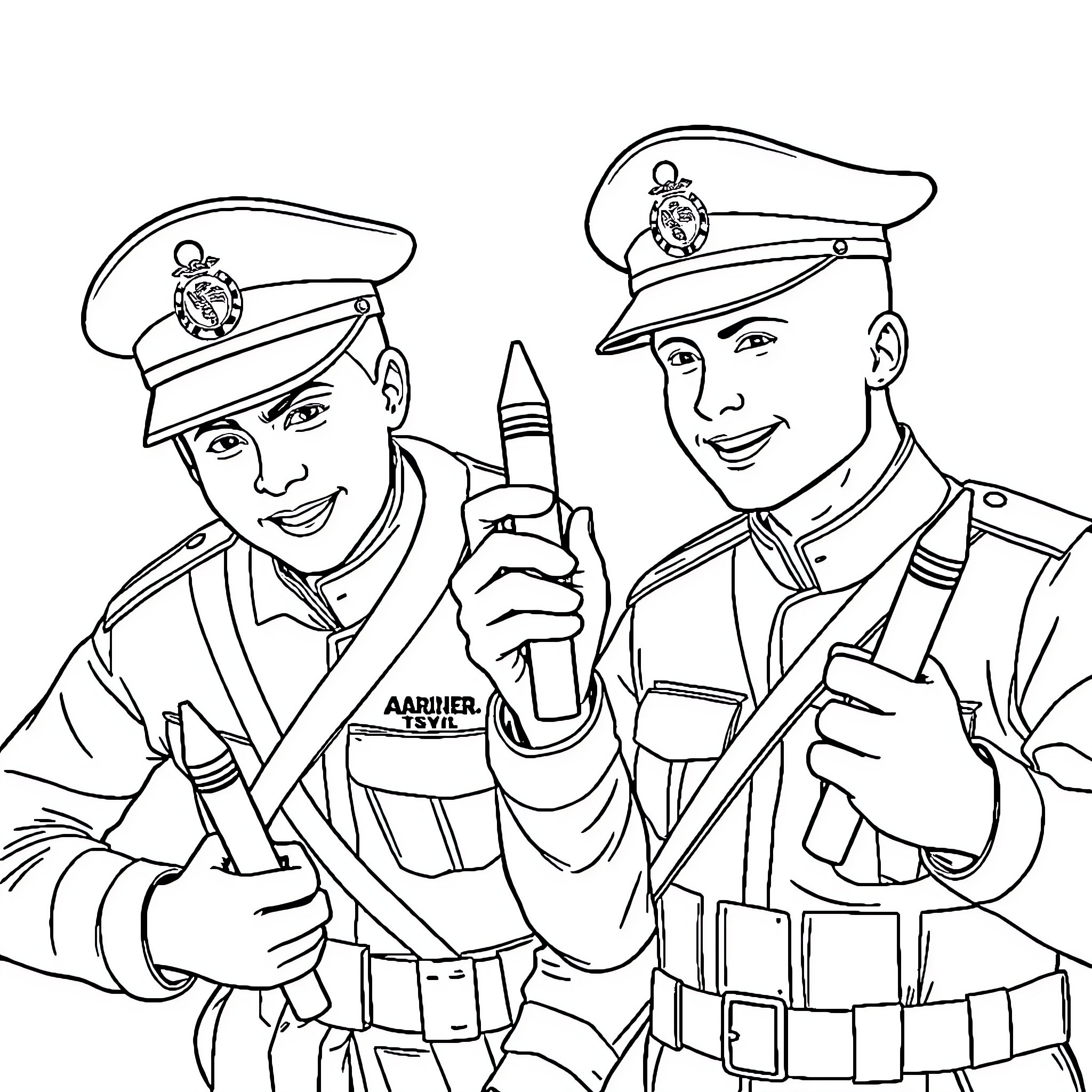 Marine Officers Posing with Supplies Coloring Page (free black-and-white line drawing printable PDF for all, from beginners to advanced learners, including children, teens, adults, and seniors)