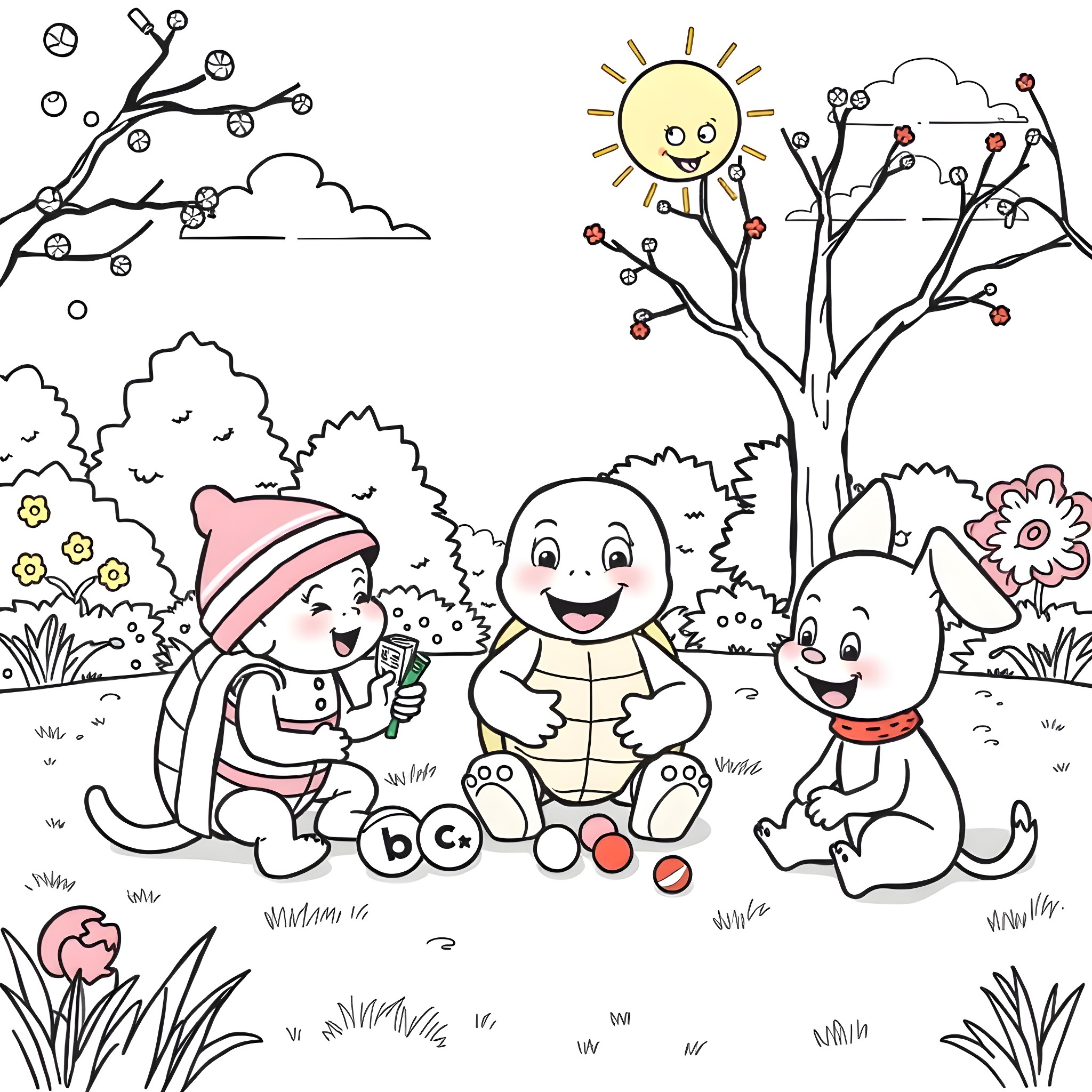Bluey and friends enjoying the outdoors Coloring Page (free black-and-white line drawing printable PDF for all, from beginners to advanced learners, including children, teens, adults, and seniors)