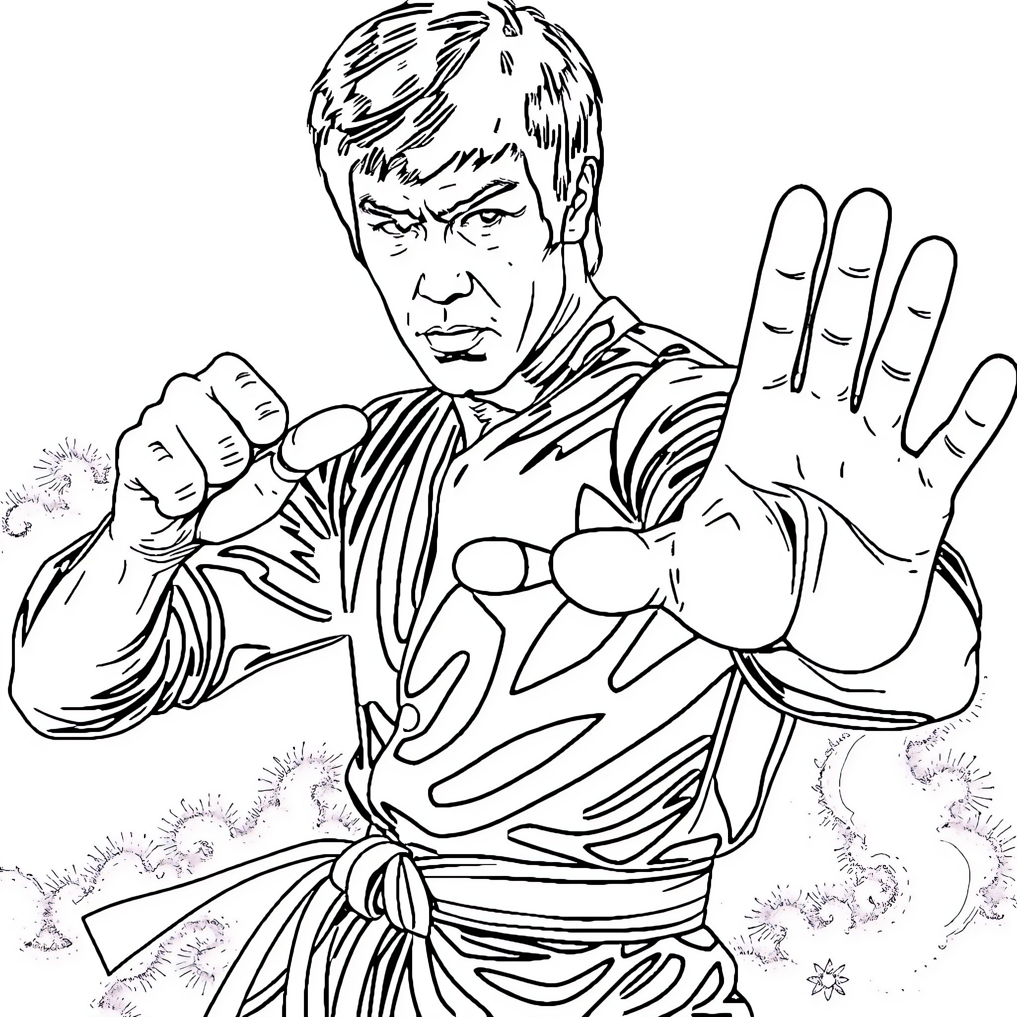 Bruce Lee striking a defensive martial arts pose Coloring Page (free black-and-white line drawing printable PDF for all, from beginners to advanced learners, including children, teens, adults, and seniors)