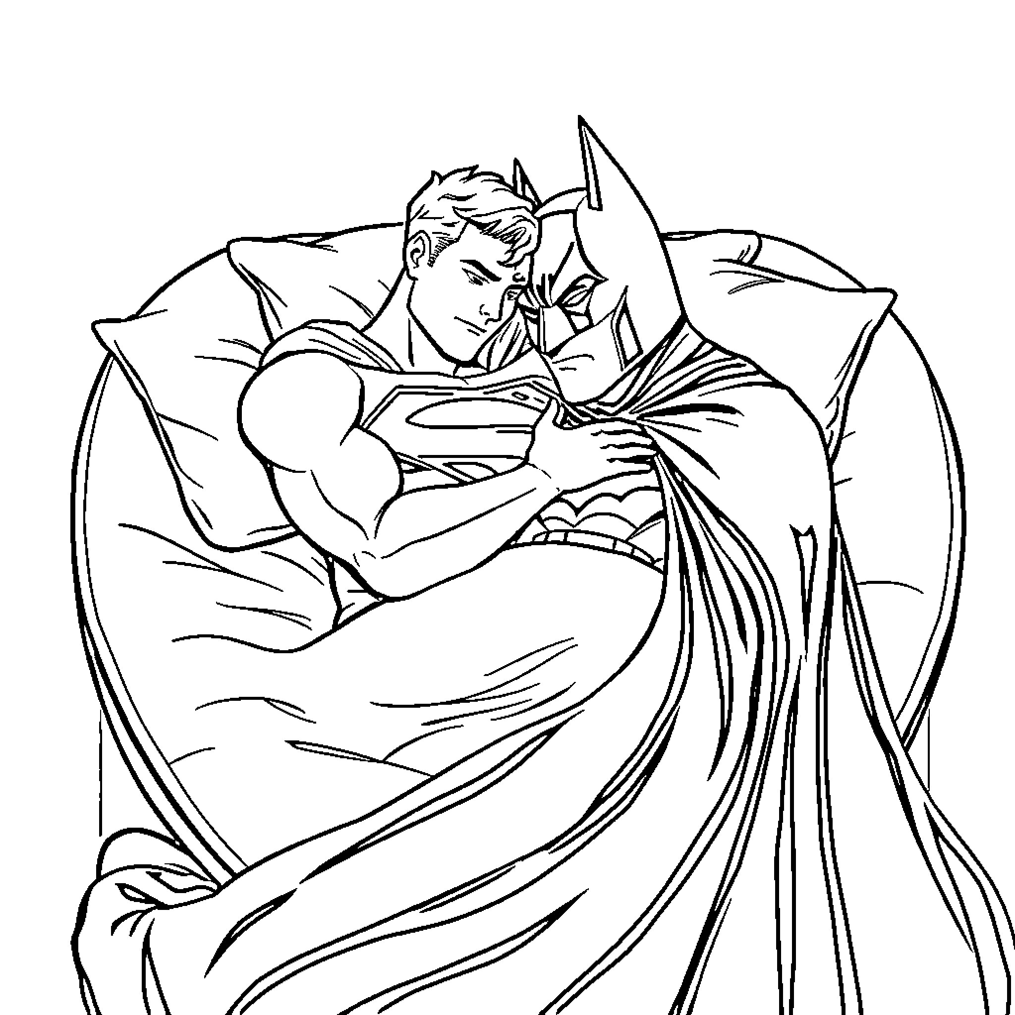 Superman resting in his bed Coloring Page (free black-and-white line drawing printable PDF for all, from beginners to advanced learners, including children, teens, adults, and seniors)