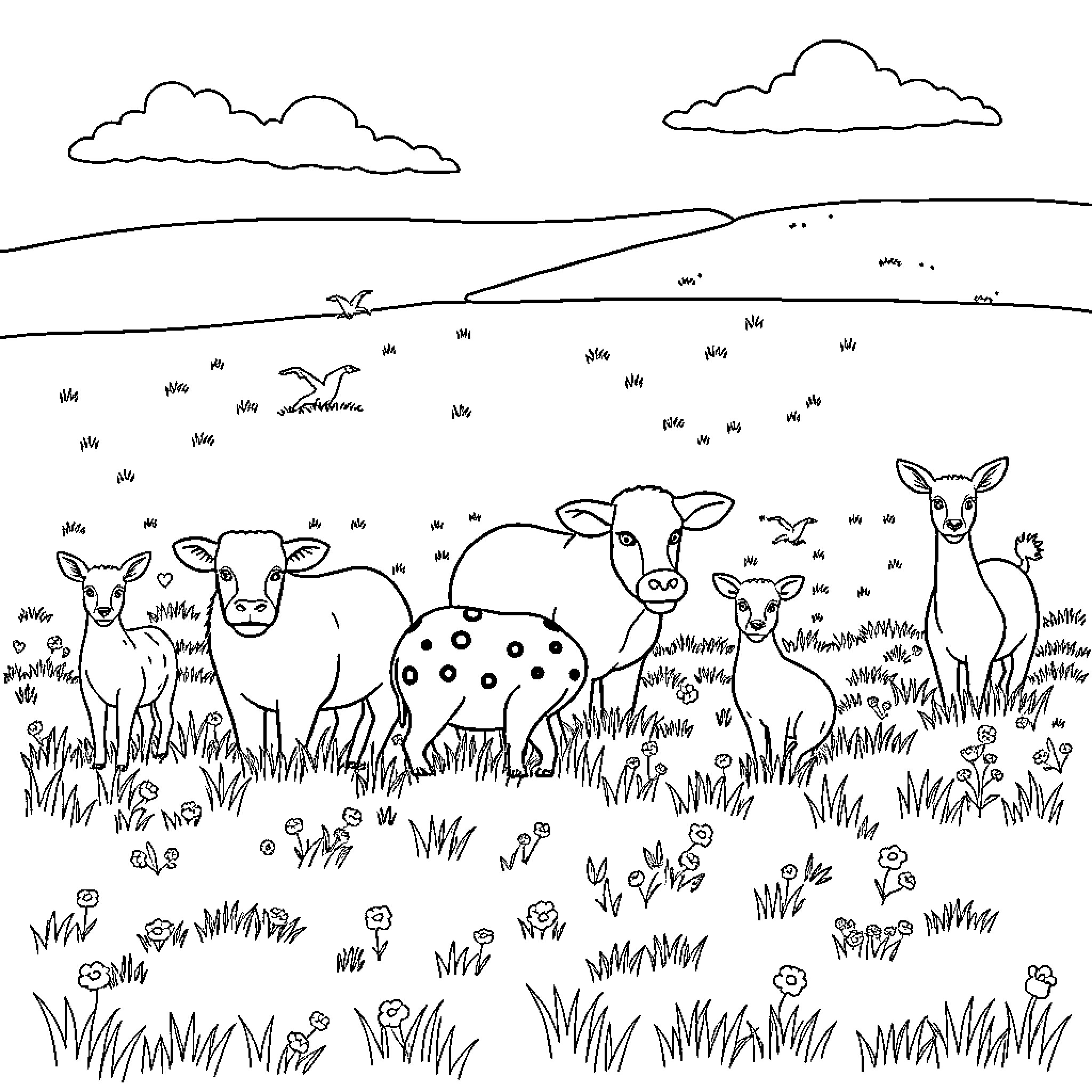 Animal family in the countryside Coloring Page (free black-and-white line drawing printable PDF for all, from beginners to advanced learners, including children, teens, adults, and seniors)