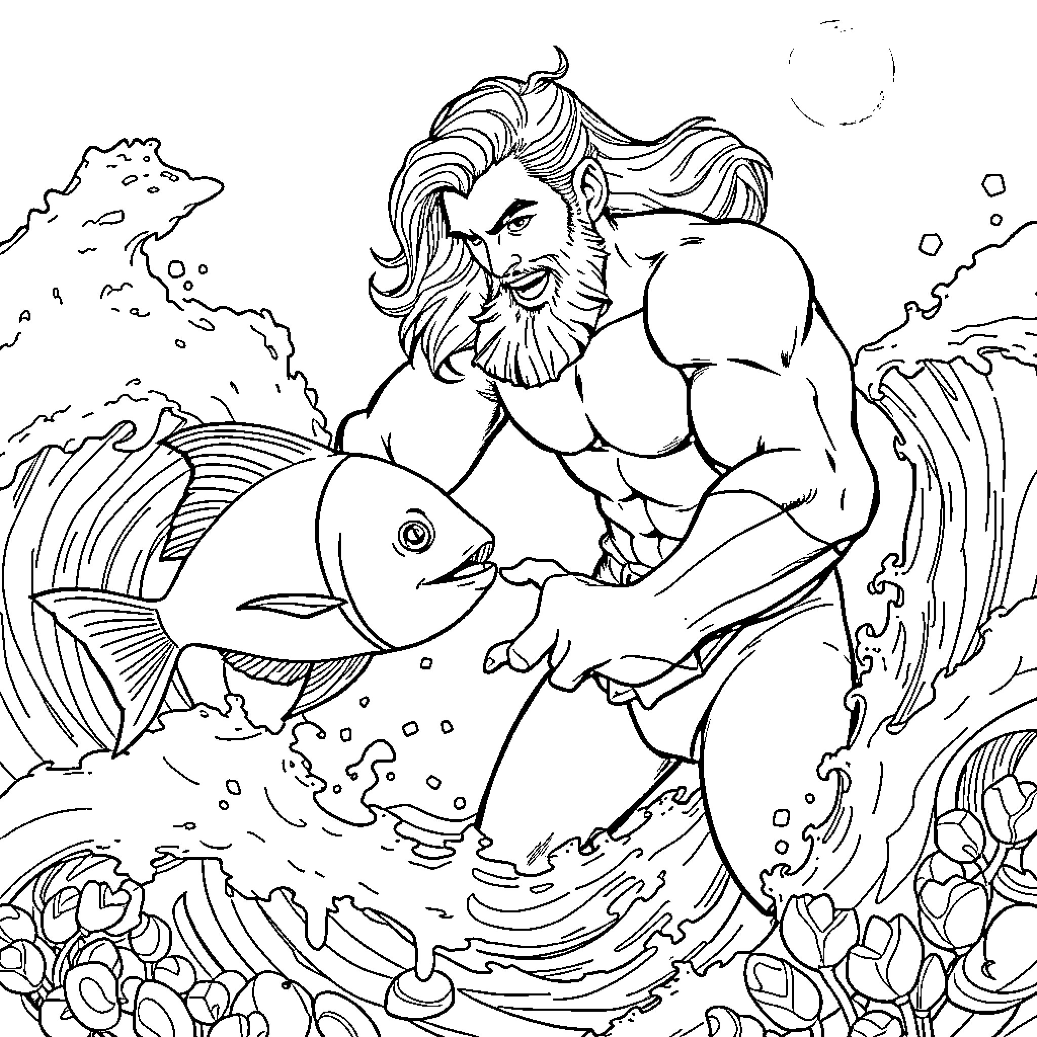 Aquaman battling with a giant fish in the underwater scene Coloring Page (free black-and-white line drawing printable PDF for all, from beginners to advanced learners, including children, teens, adults, and seniors)