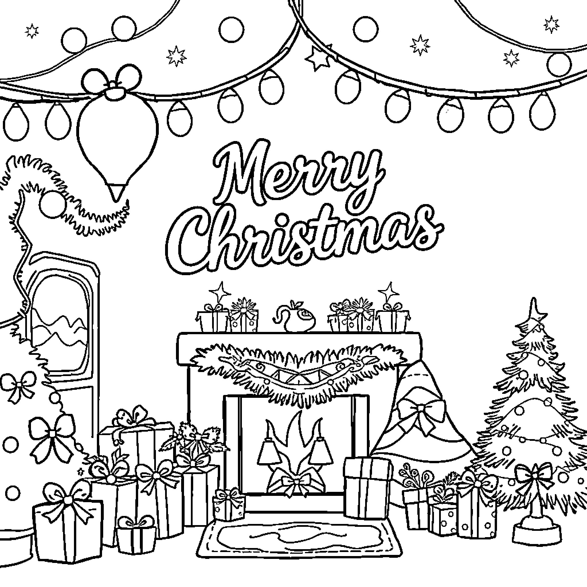 Christmas decorations and festive scene Coloring Page (free black-and-white line drawing printable PDF for all, from beginners to advanced learners, including children, teens, adults, and seniors)