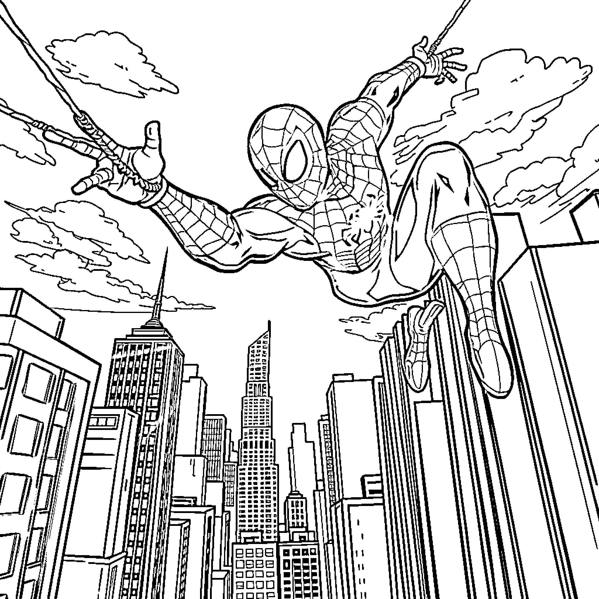Spiderman swinging through the city Coloring Page (free black-and-white line drawing printable PDF for all, from beginners to advanced learners, including children, teens, adults, and seniors)