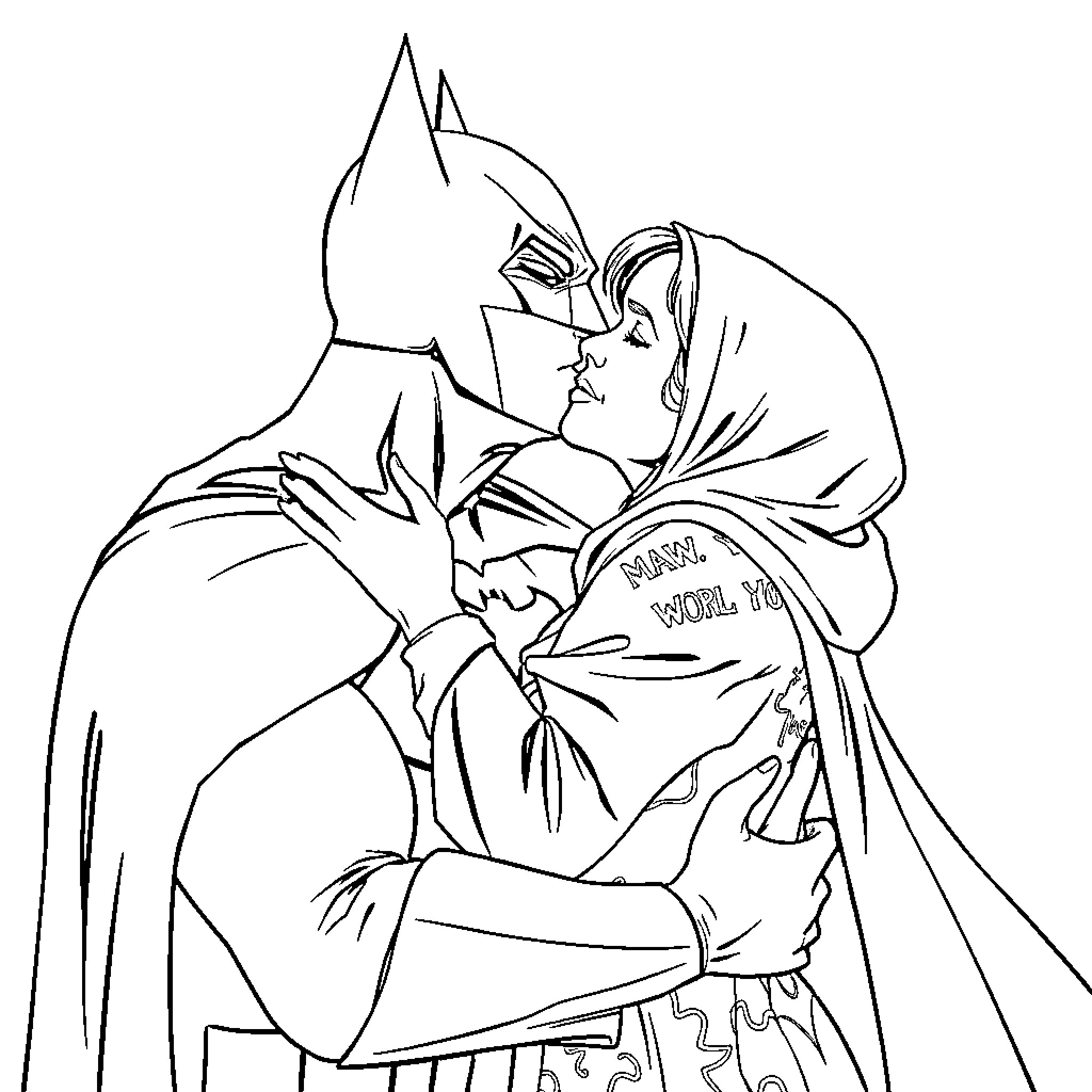Batman sharing a hug with a young person Coloring Page (free black-and-white line drawing printable PDF for all, from beginners to advanced learners, including children, teens, adults, and seniors)