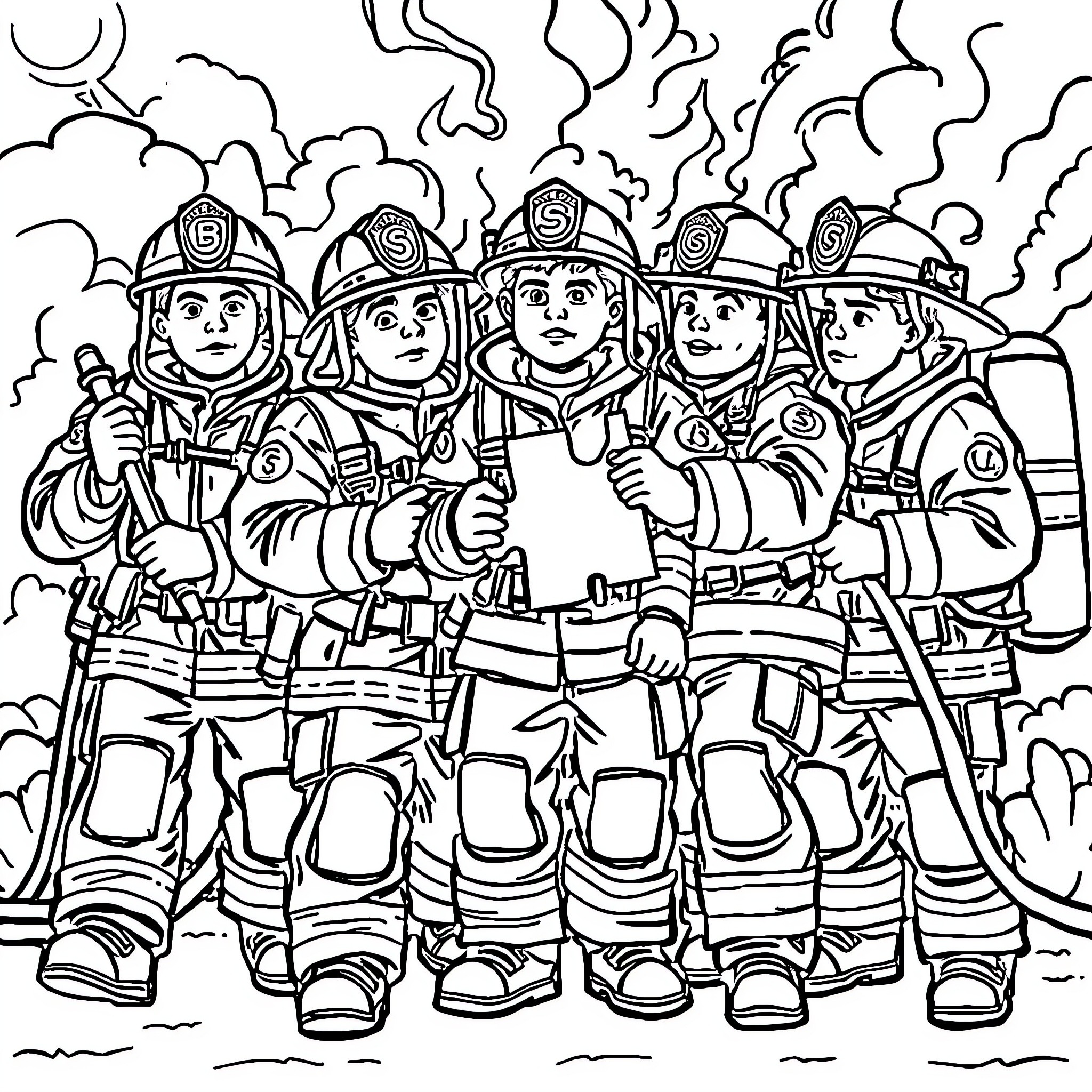 Firefighters responding to an emergency call Coloring Page (free black-and-white line drawing printable PDF for all, from beginners to advanced learners, including children, teens, adults, and seniors)