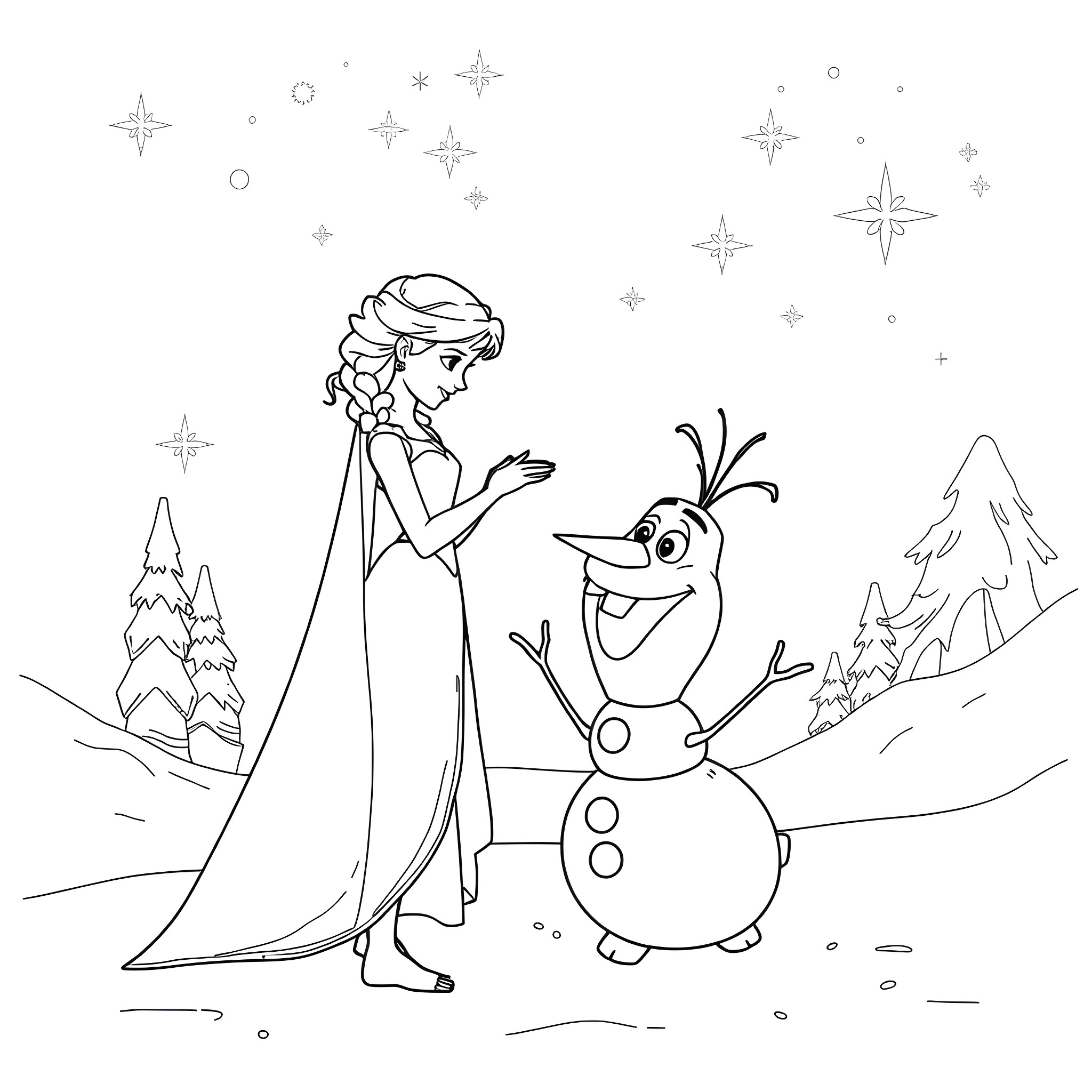 Elsa and Olaf having fun in the snowy landscape Coloring Page (free black-and-white line drawing printable PDF for all, from beginners to advanced learners, including children, teens, adults, and seniors)
