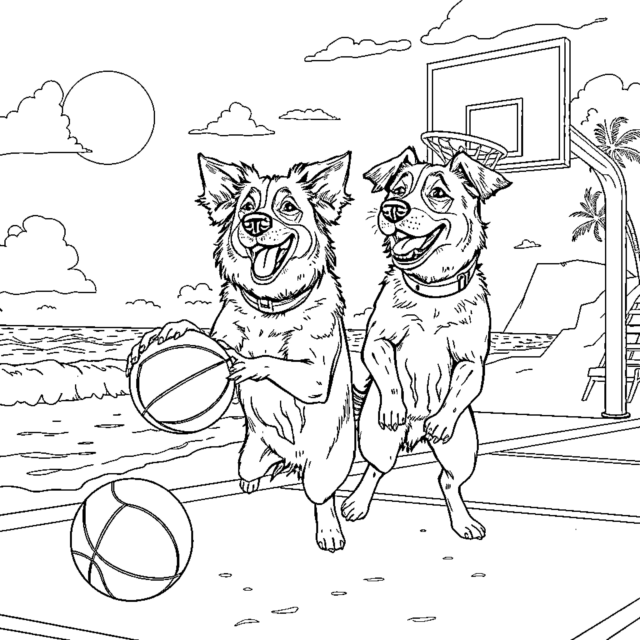 Dogs playing basketball on the beach Coloring Page (free black-and-white line drawing printable PDF for all, from beginners to advanced learners, including children, teens, adults, and seniors)