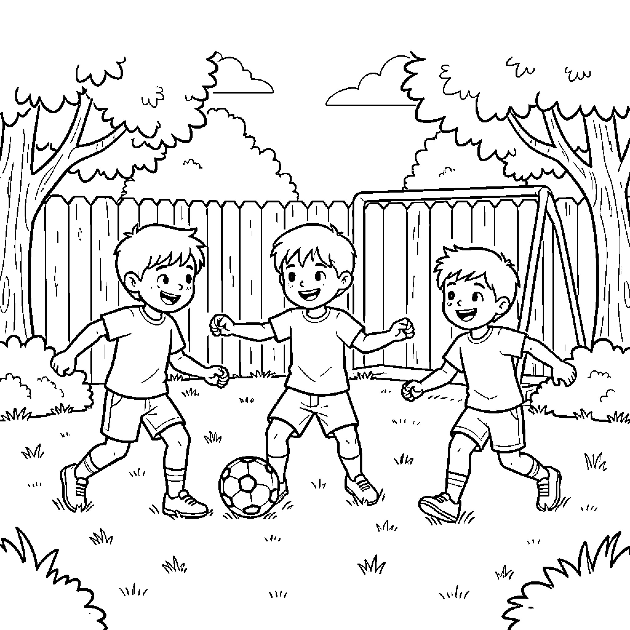 Kid playing soccer with friends in a backyard Coloring Page (free black-and-white line drawing printable PDF for all, from beginners to advanced learners, including children, teens, adults, and seniors)